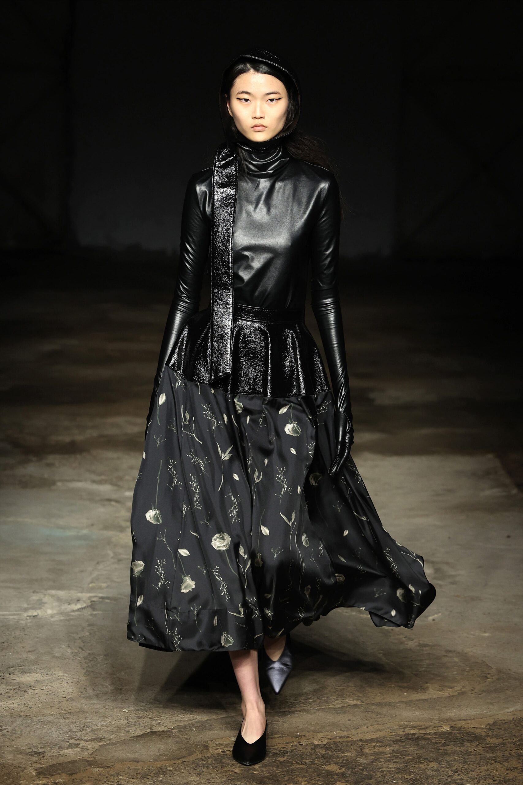 black leather and silk midi dress