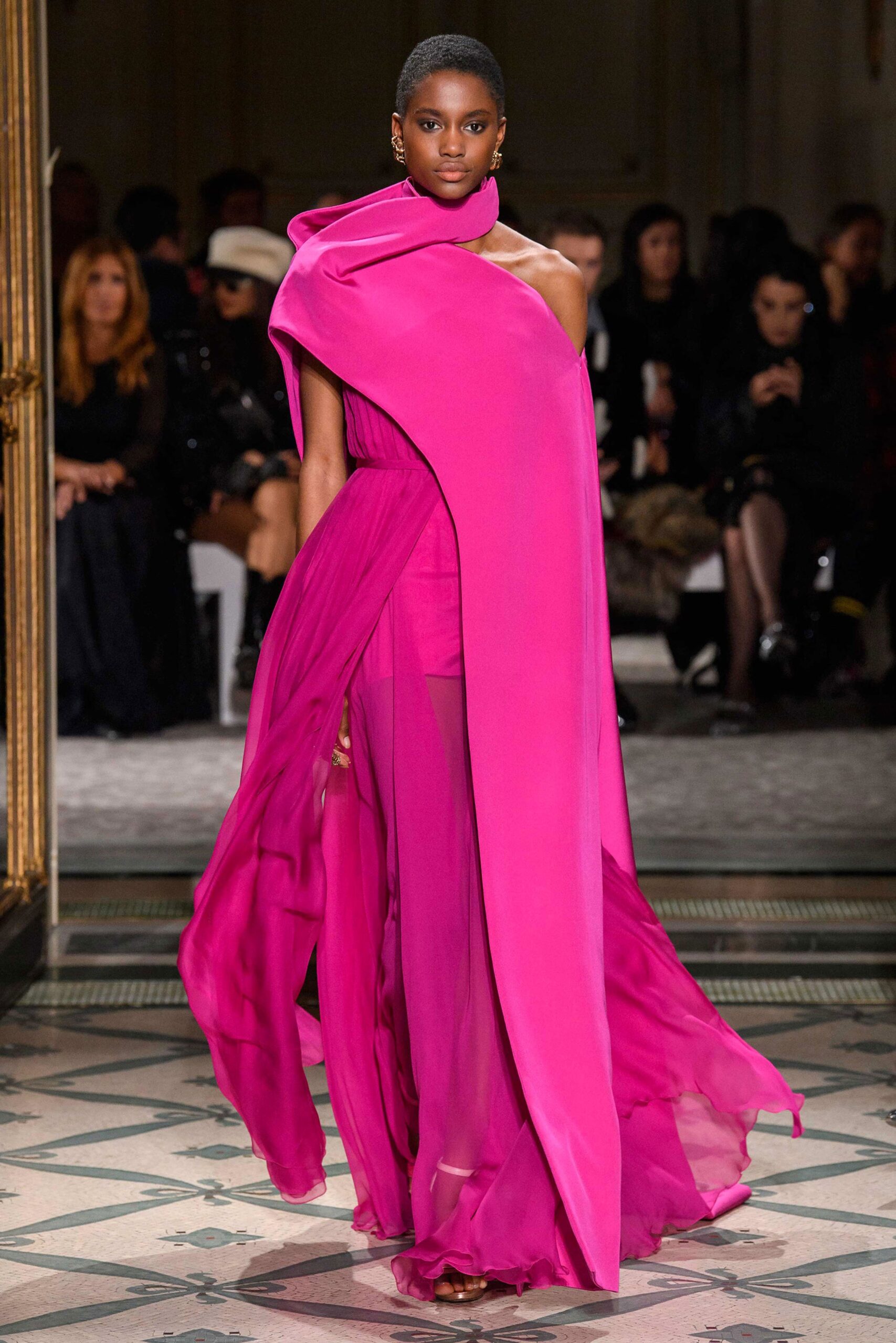 pink silk off-shoulder gown