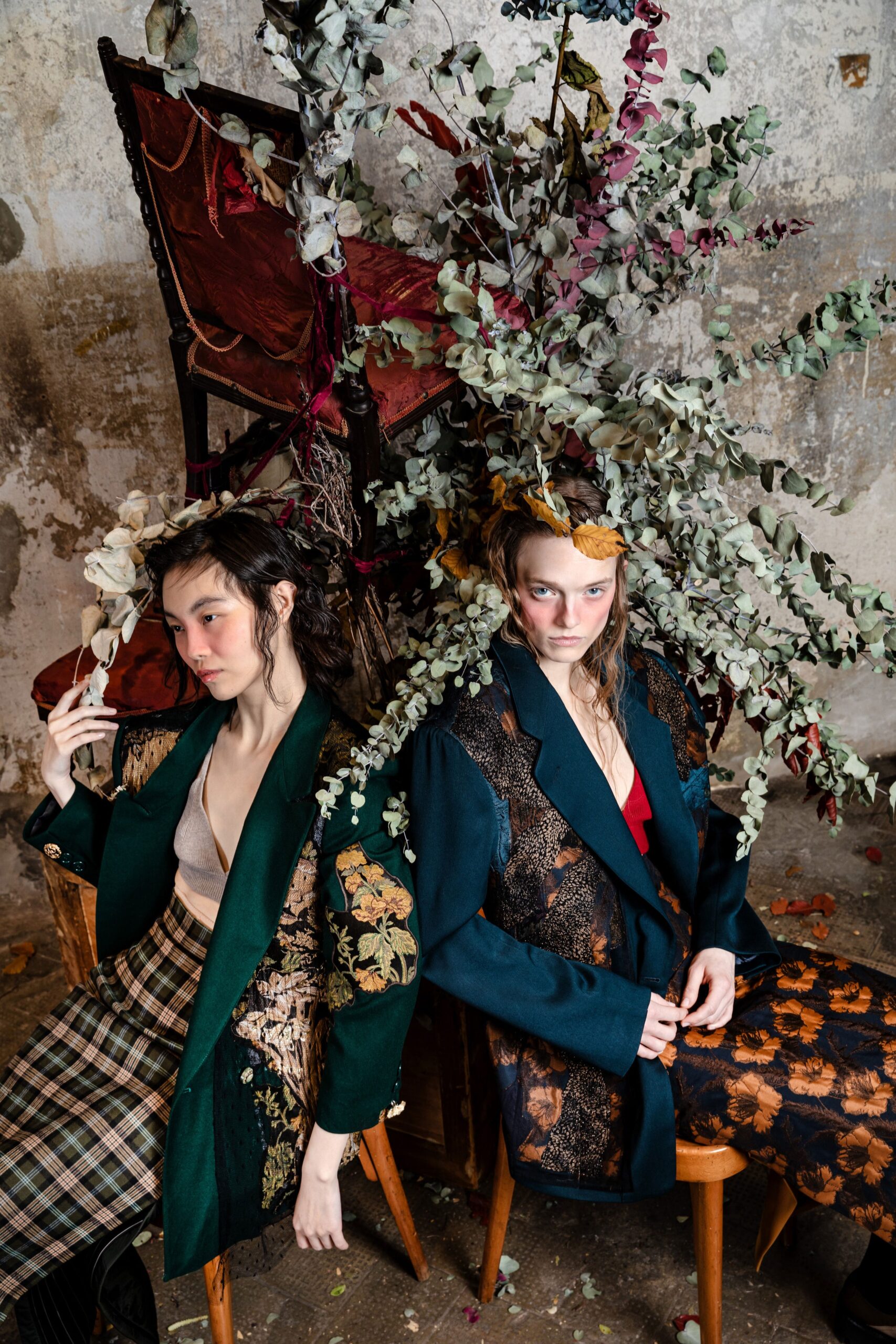 green and black embroidered blazers with checked skirt