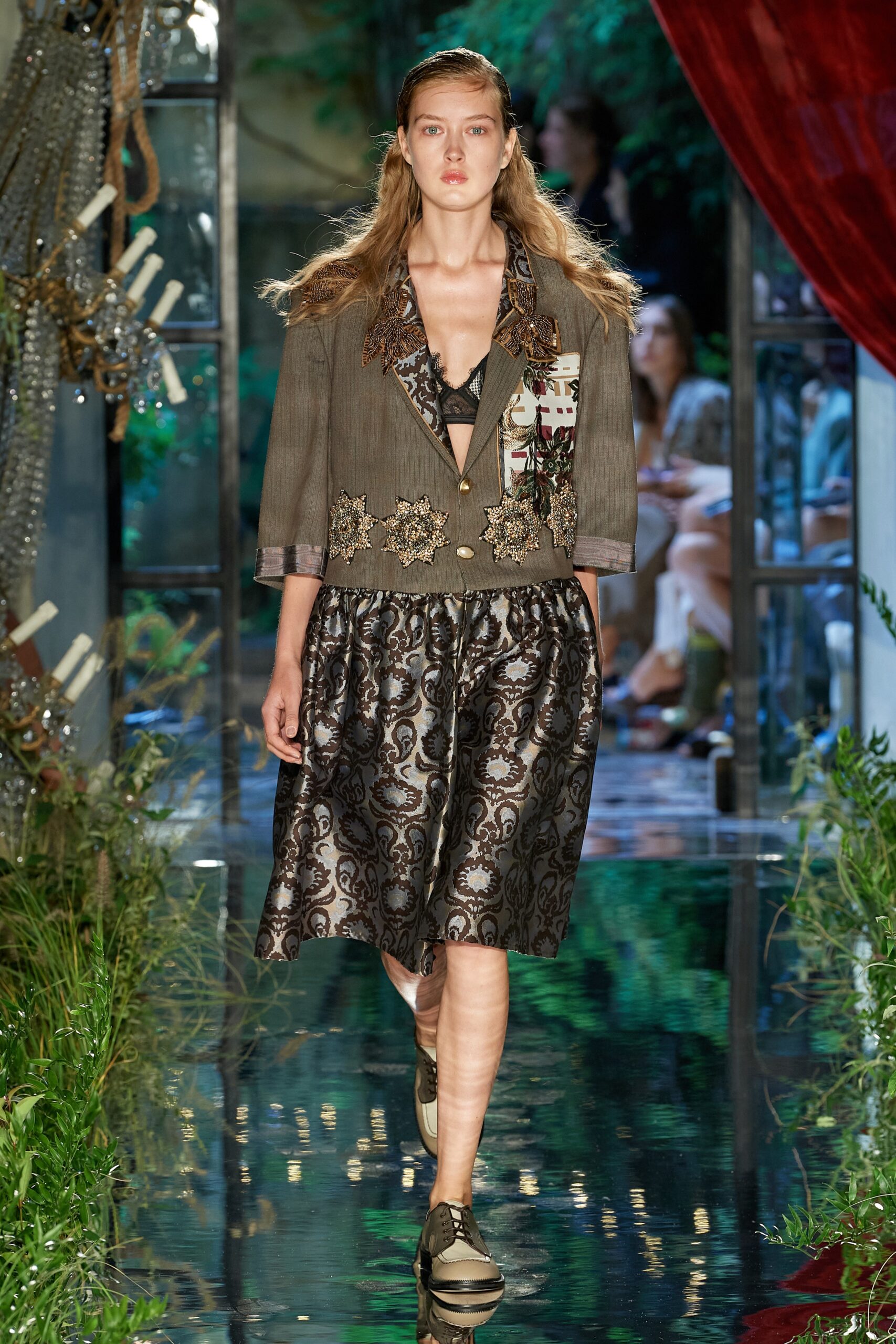 gray cotton blazer and black silk dress