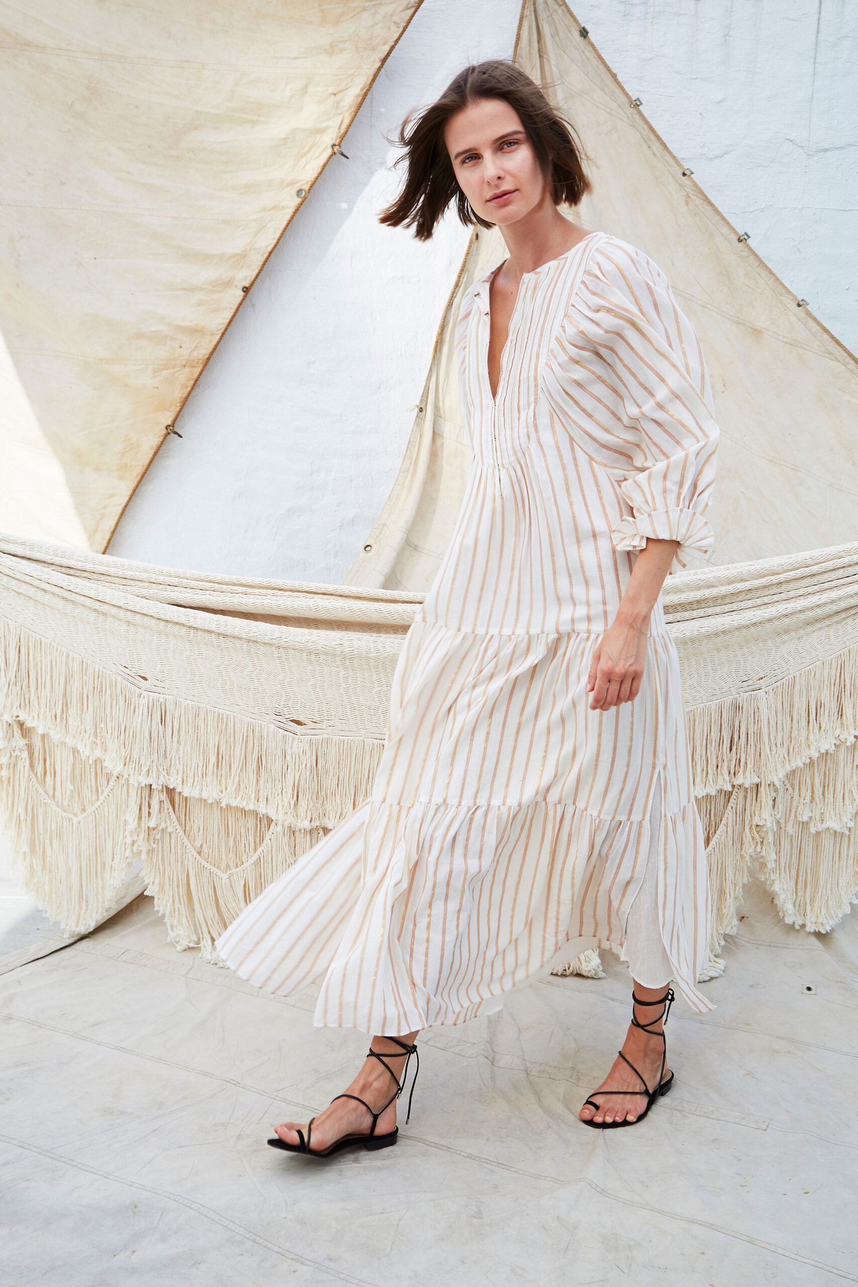 striped maxi dress with strappy shoes