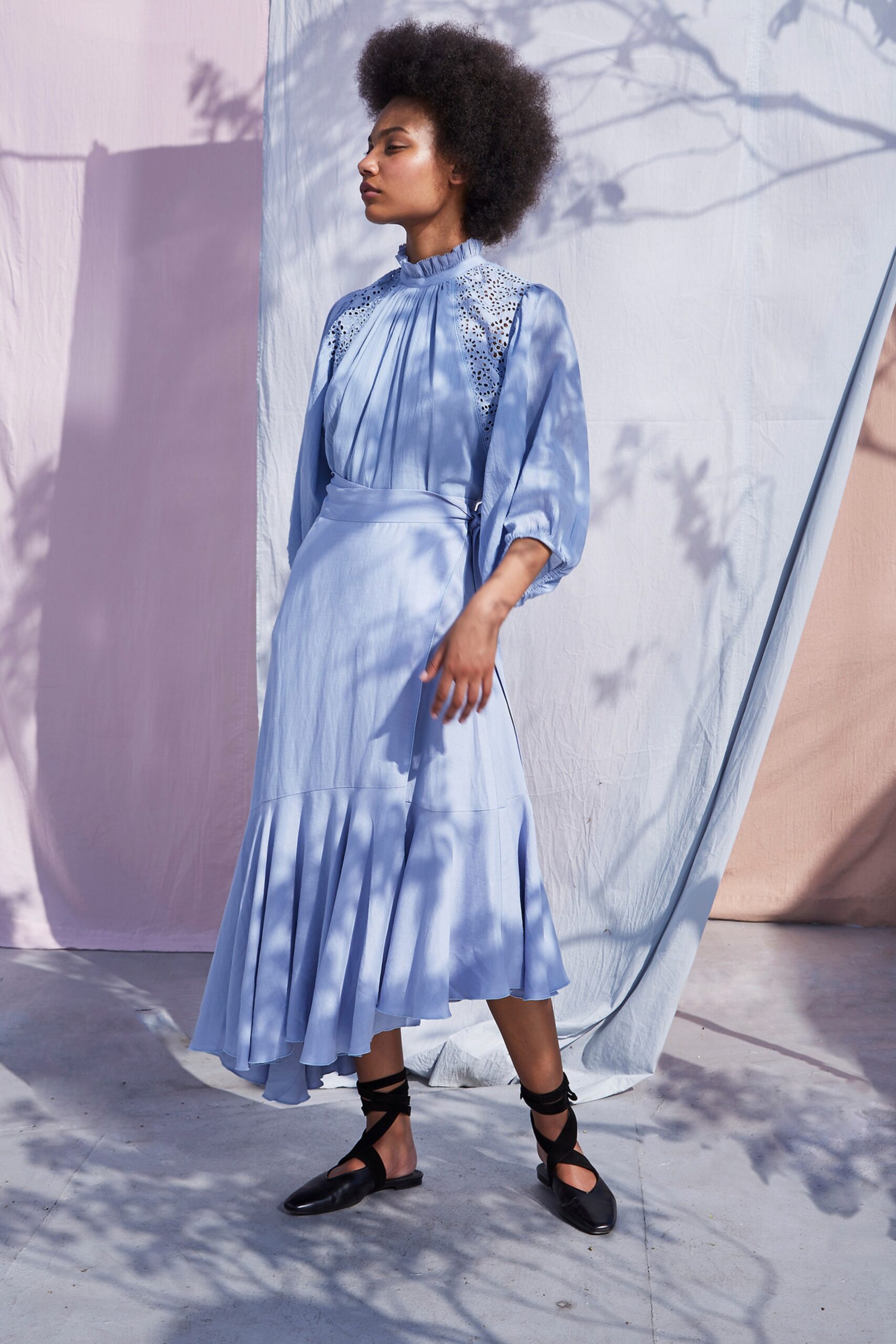 blue silk long-sleeve dress