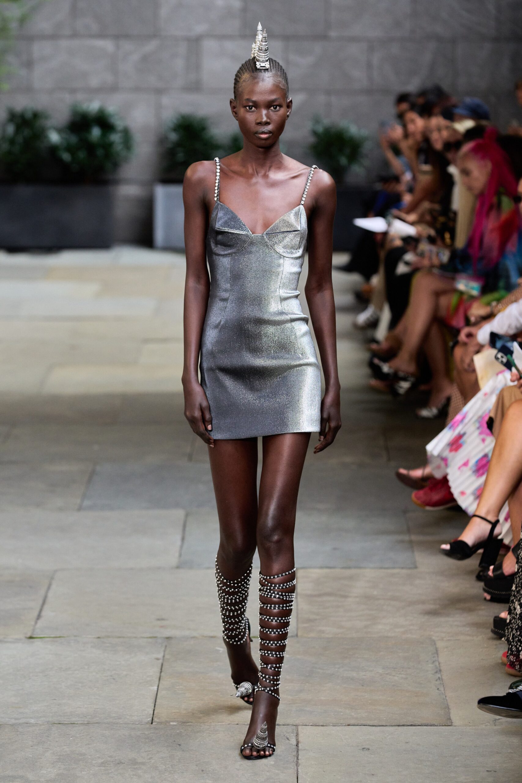 gray metallic sleeveless v-neck fitted straight-leg shiny mini-dress