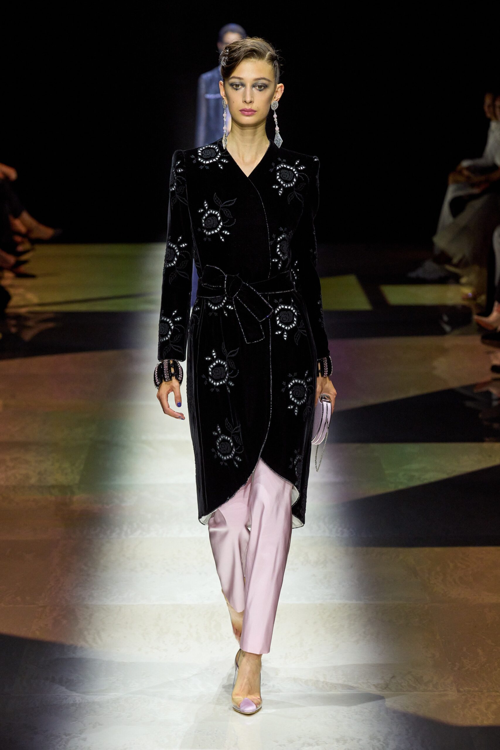 black velvet coat with pink pants