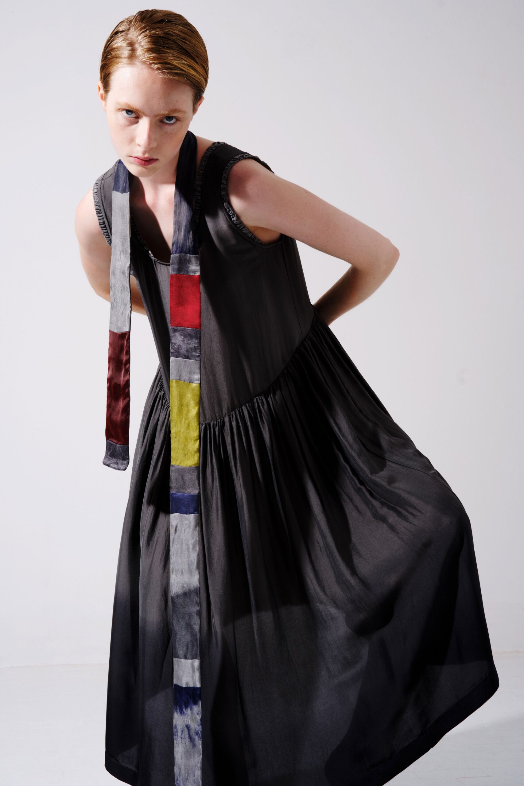 black silk pleated dress with scarf