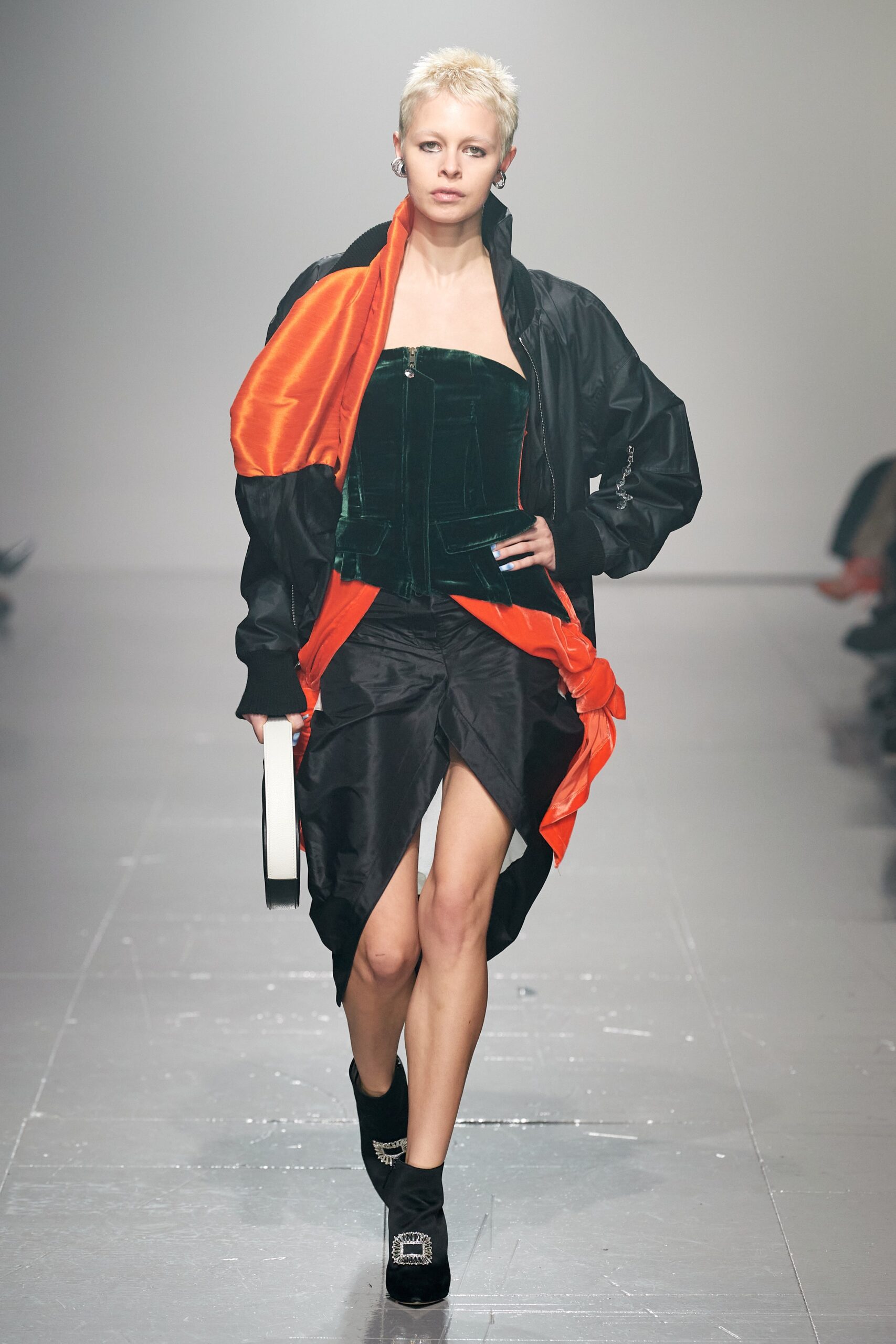 black and green asymmetric dress with oversized jacket