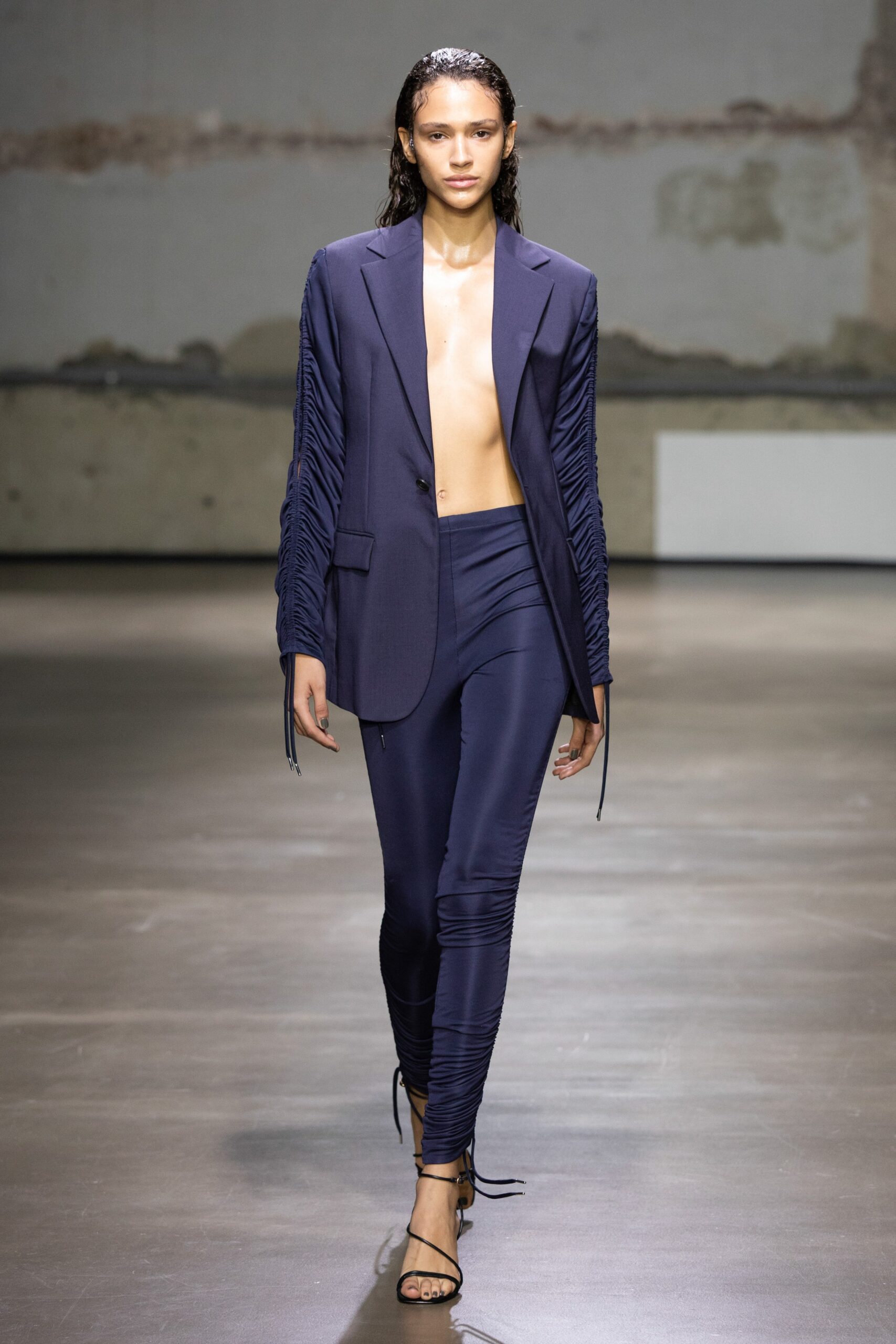 blue silk tailored blazer and fitted pants