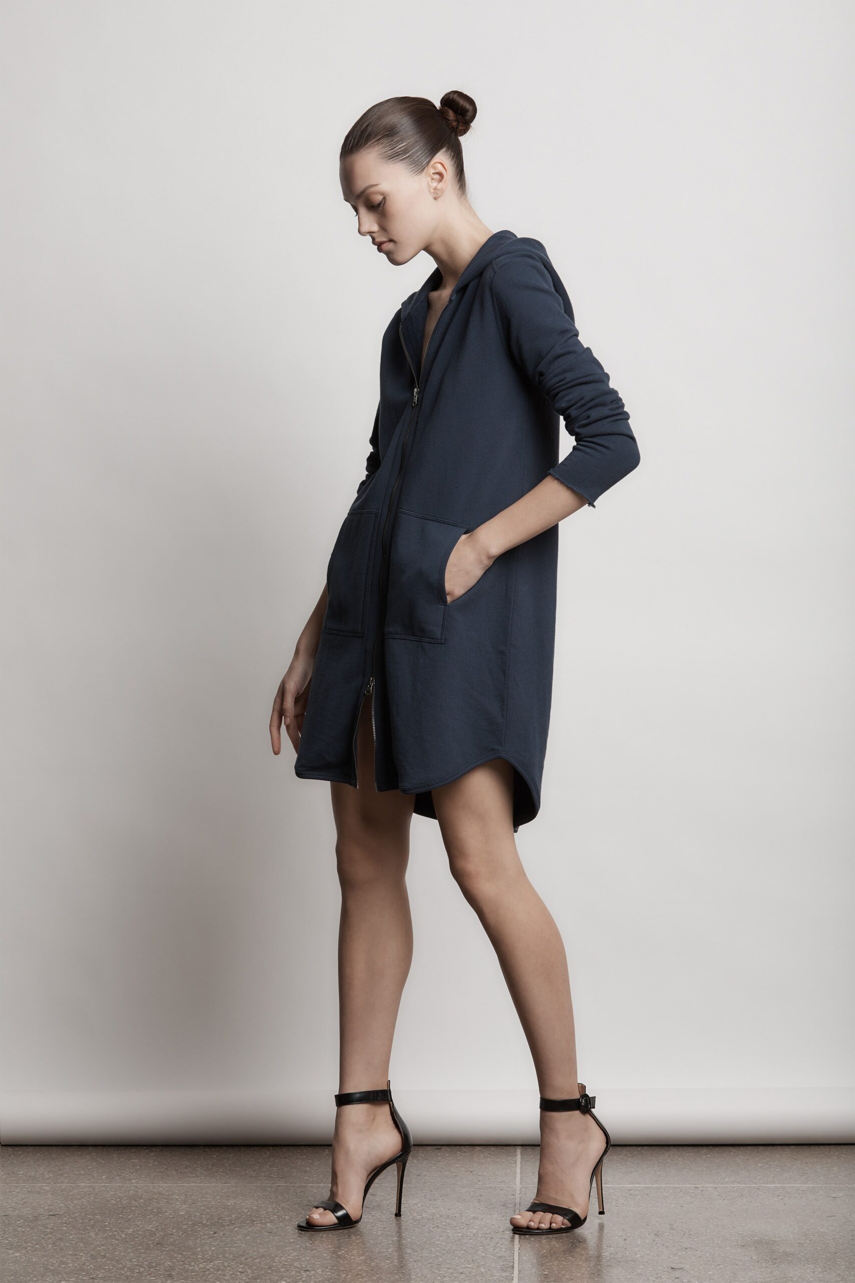 blue hooded dress with pockets