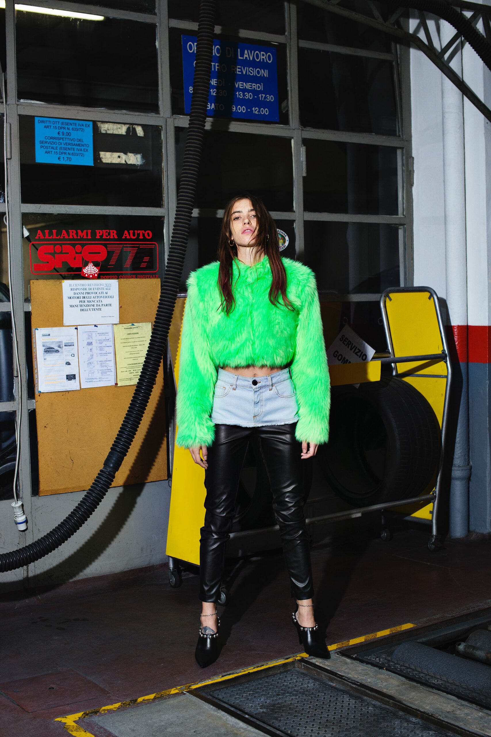 green faux-fur long-sleeve relaxed sweater