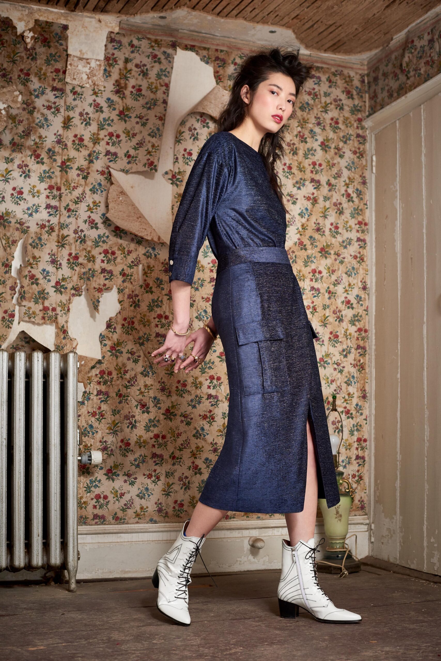blue silk long-sleeve v-neck fitted pencil shiny dress
