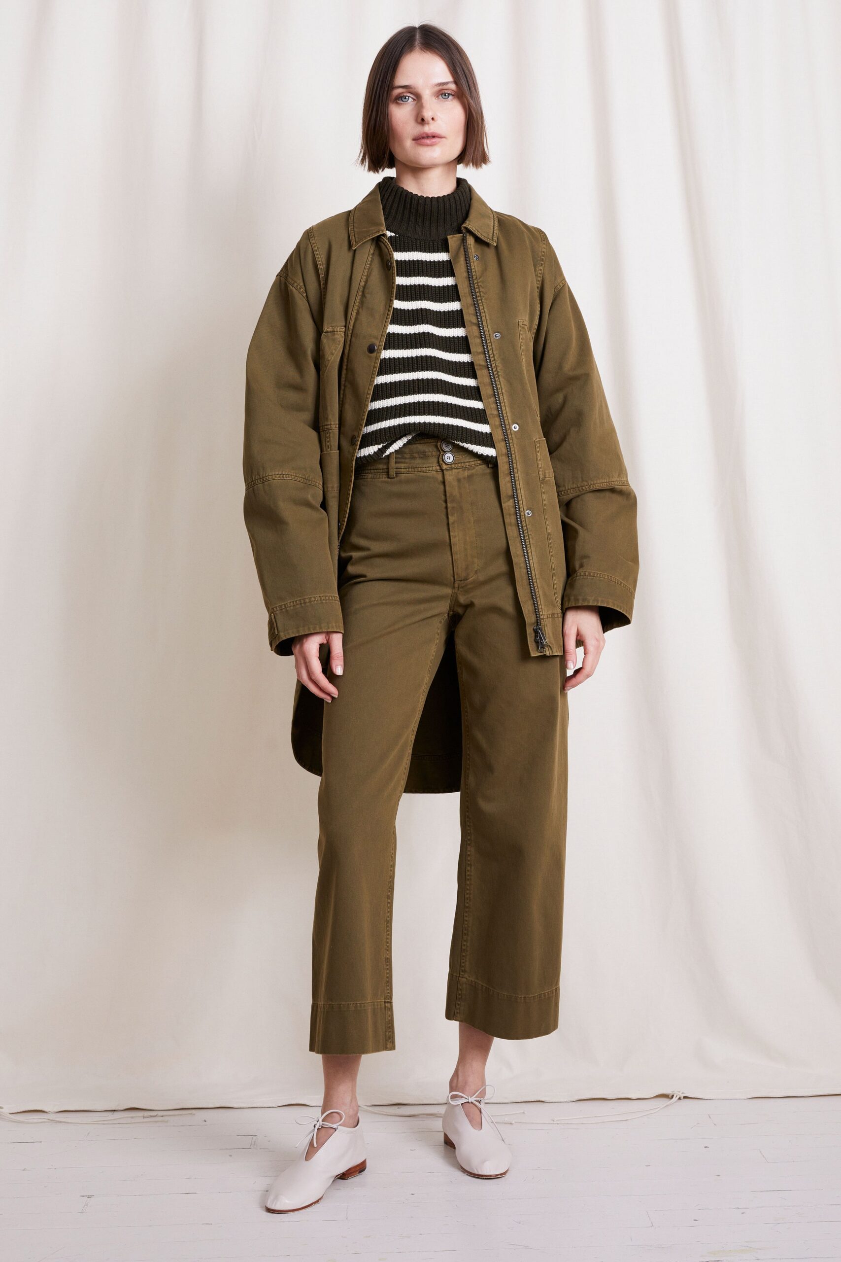 green relaxed jacket with striped top