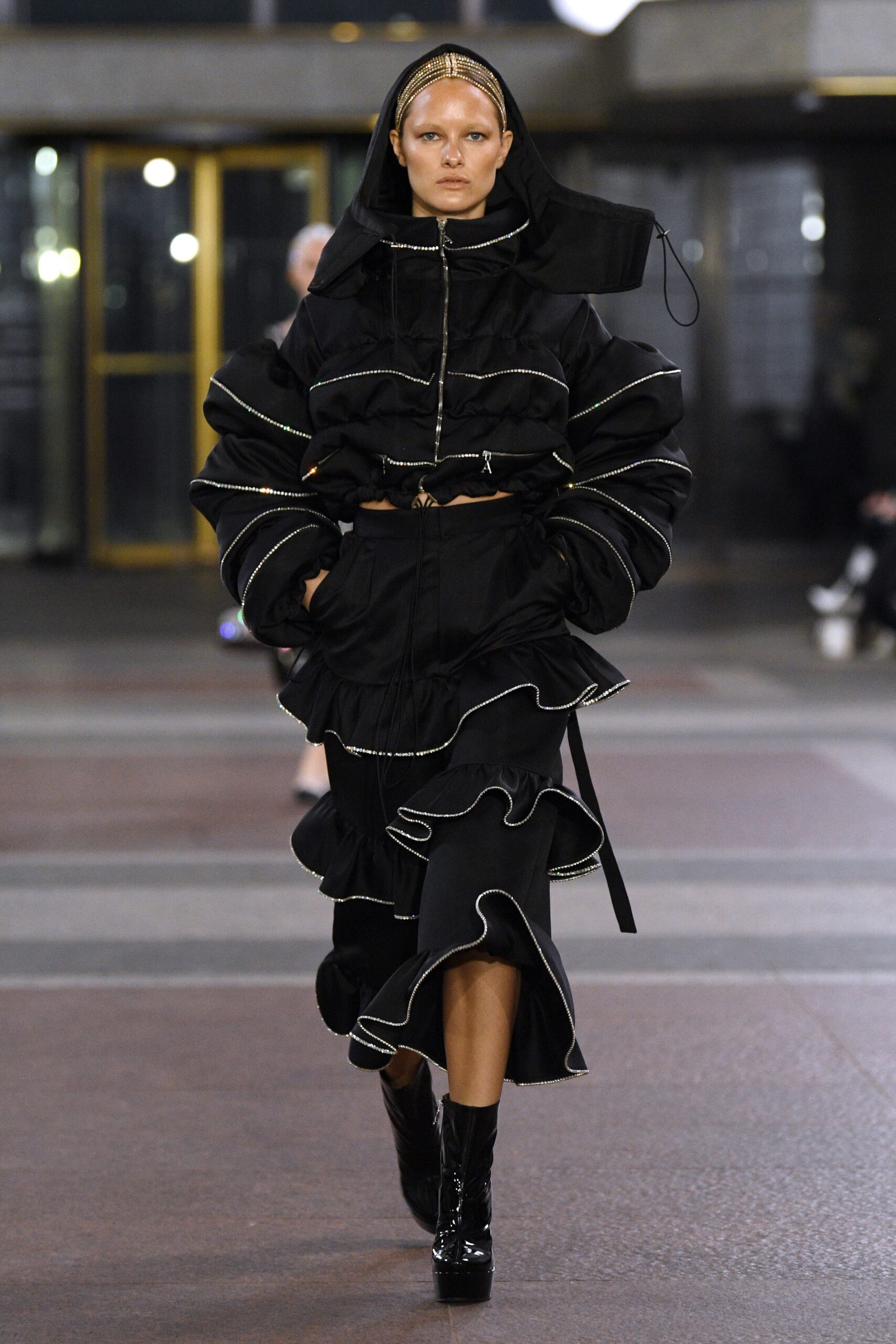 black ruffled hoodie and skirt
