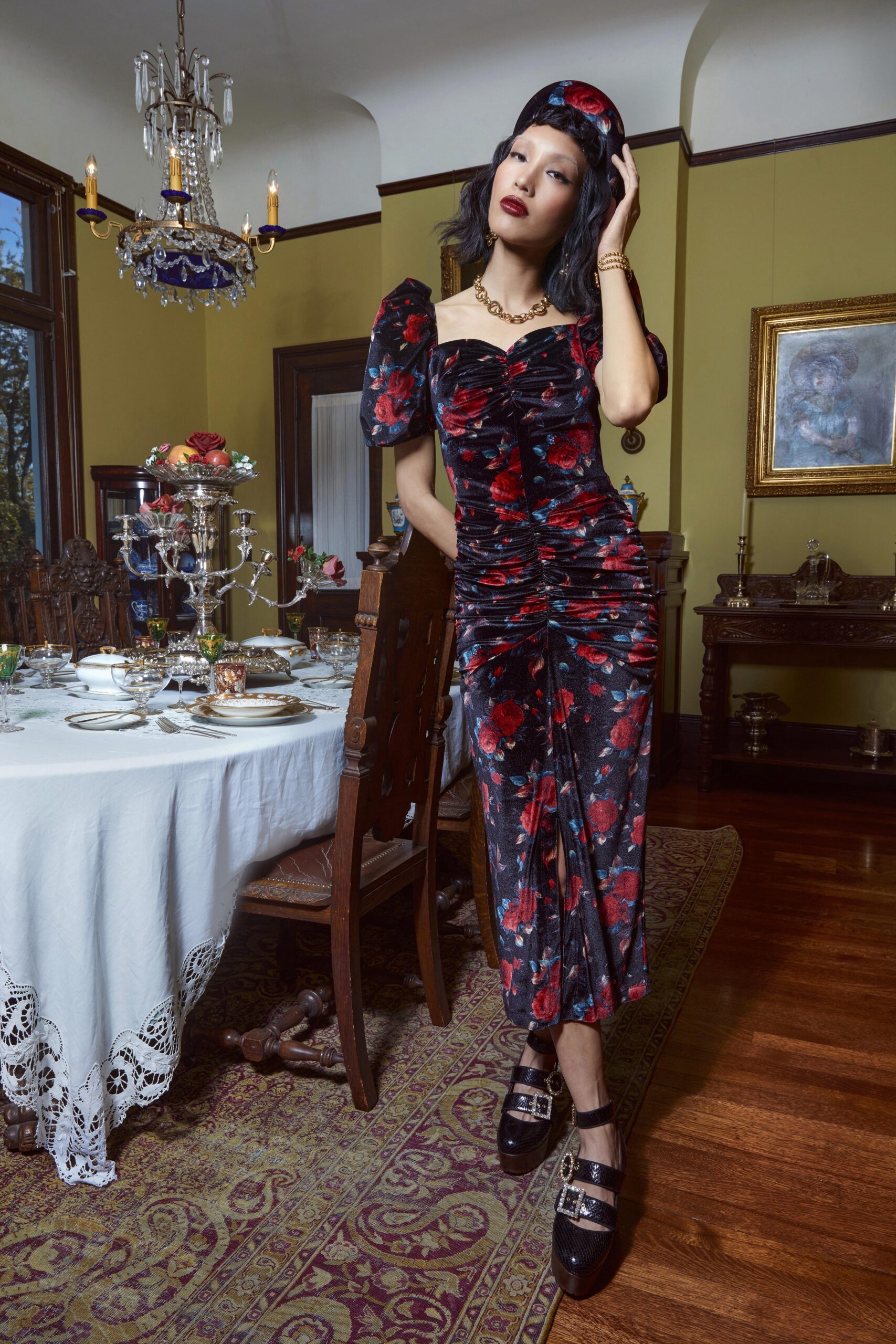 fitted black and red floral dress