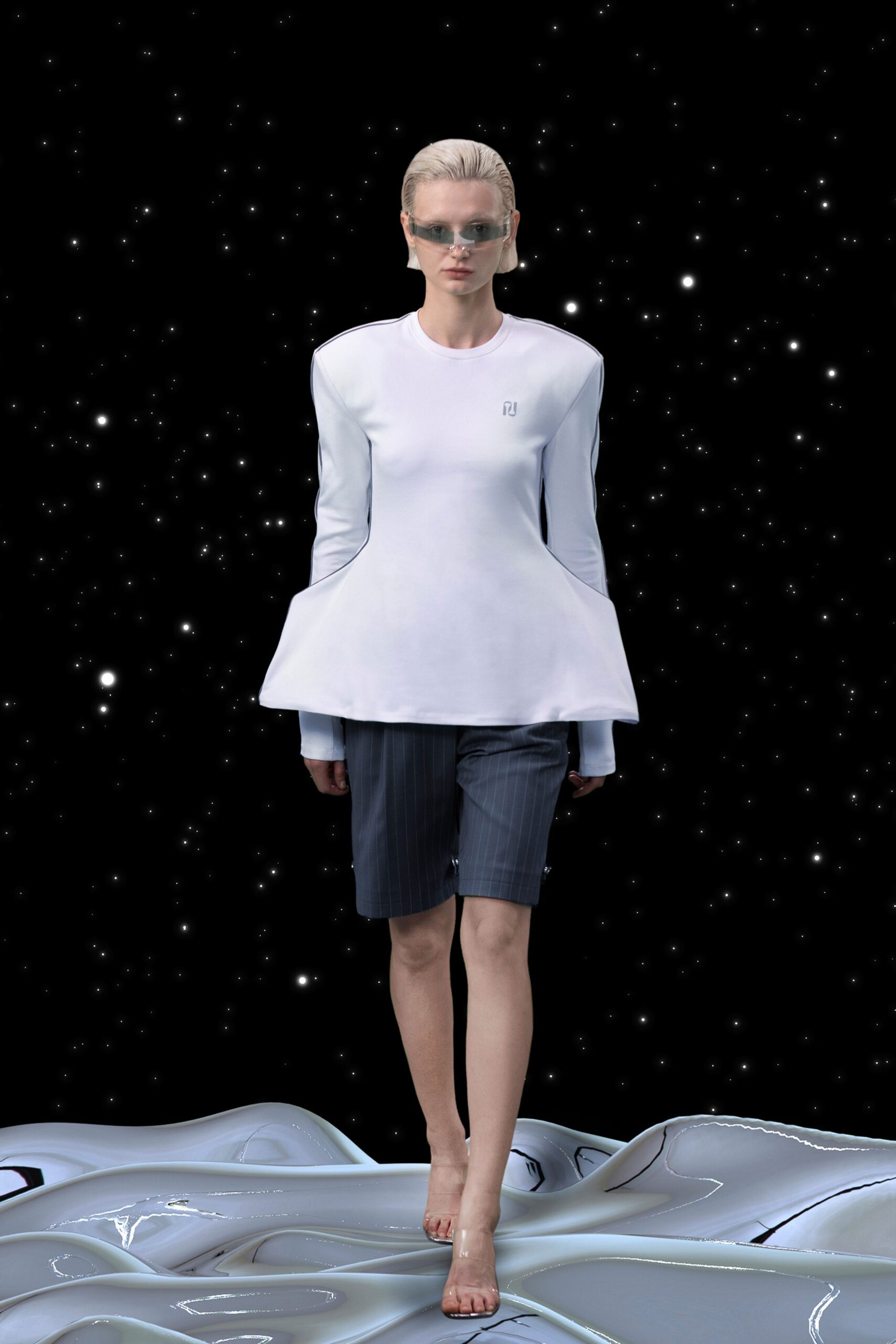 white fitted top with gray shorts