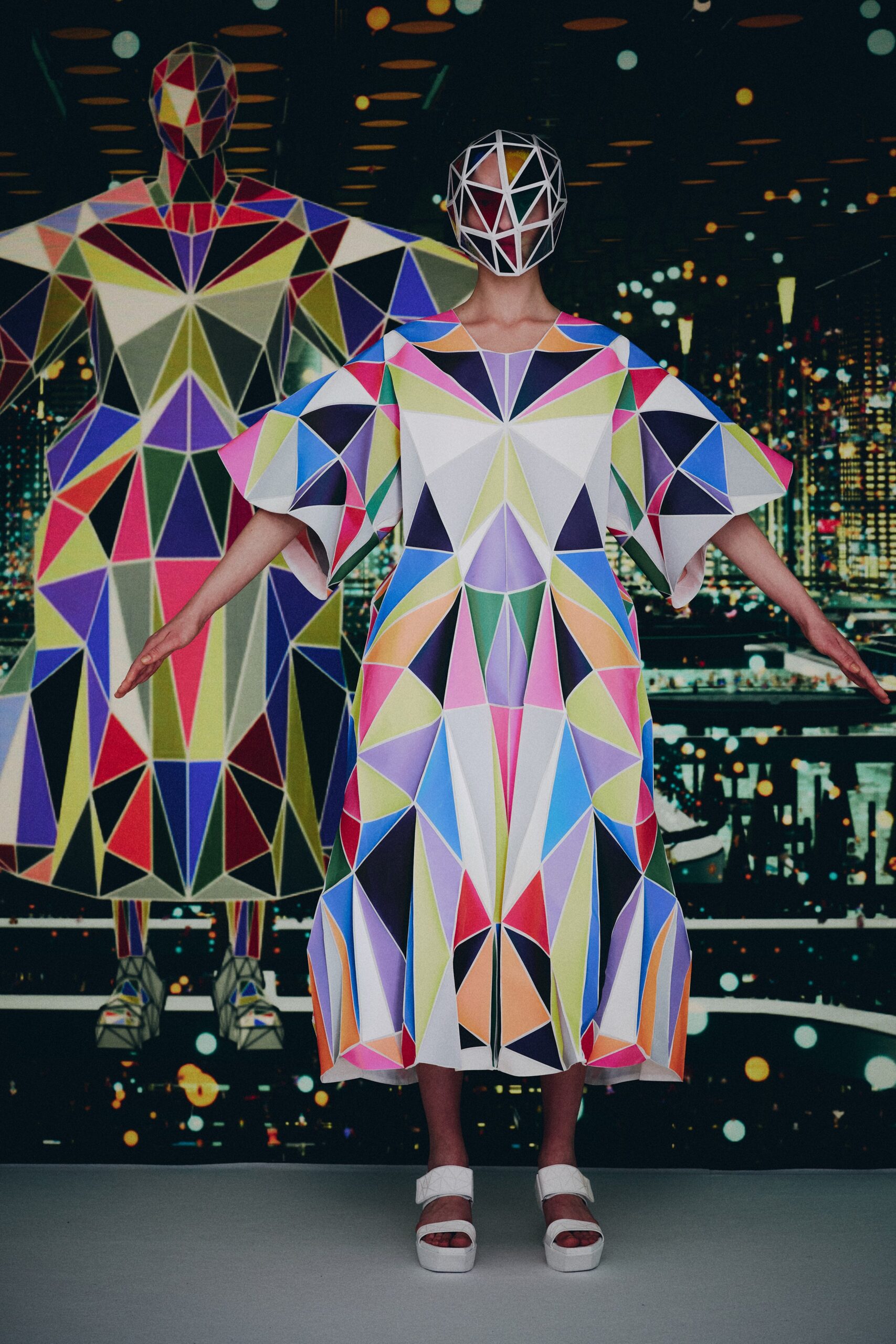 multi-colored printed midi dress