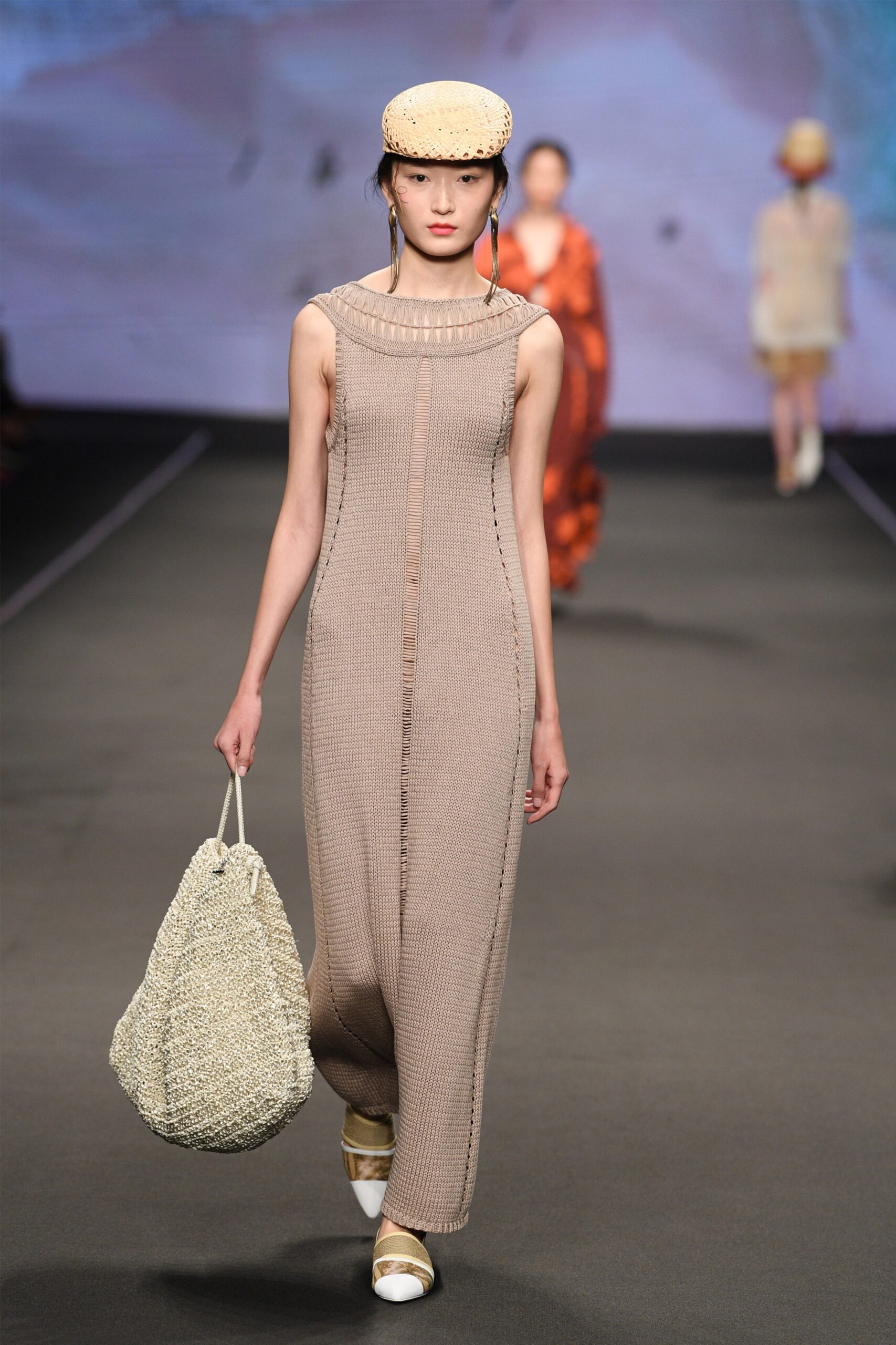 beige cotton sleeveless high-neck fitted straight-leg maxi dress
