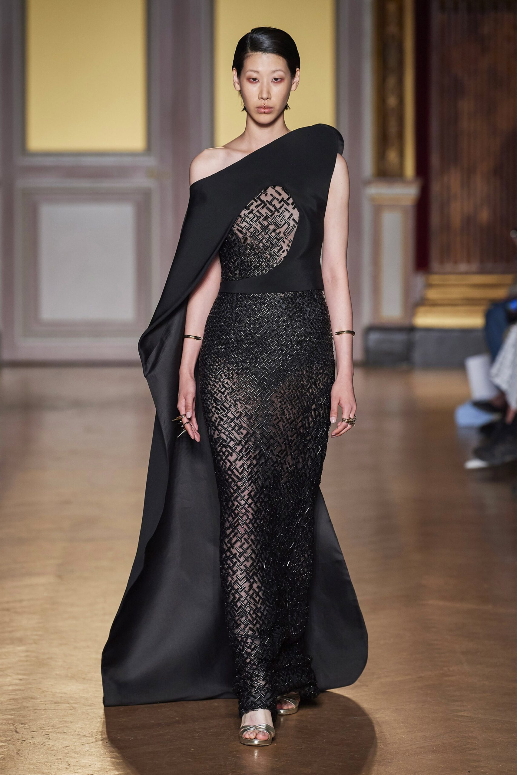 black silk asymmetric gown