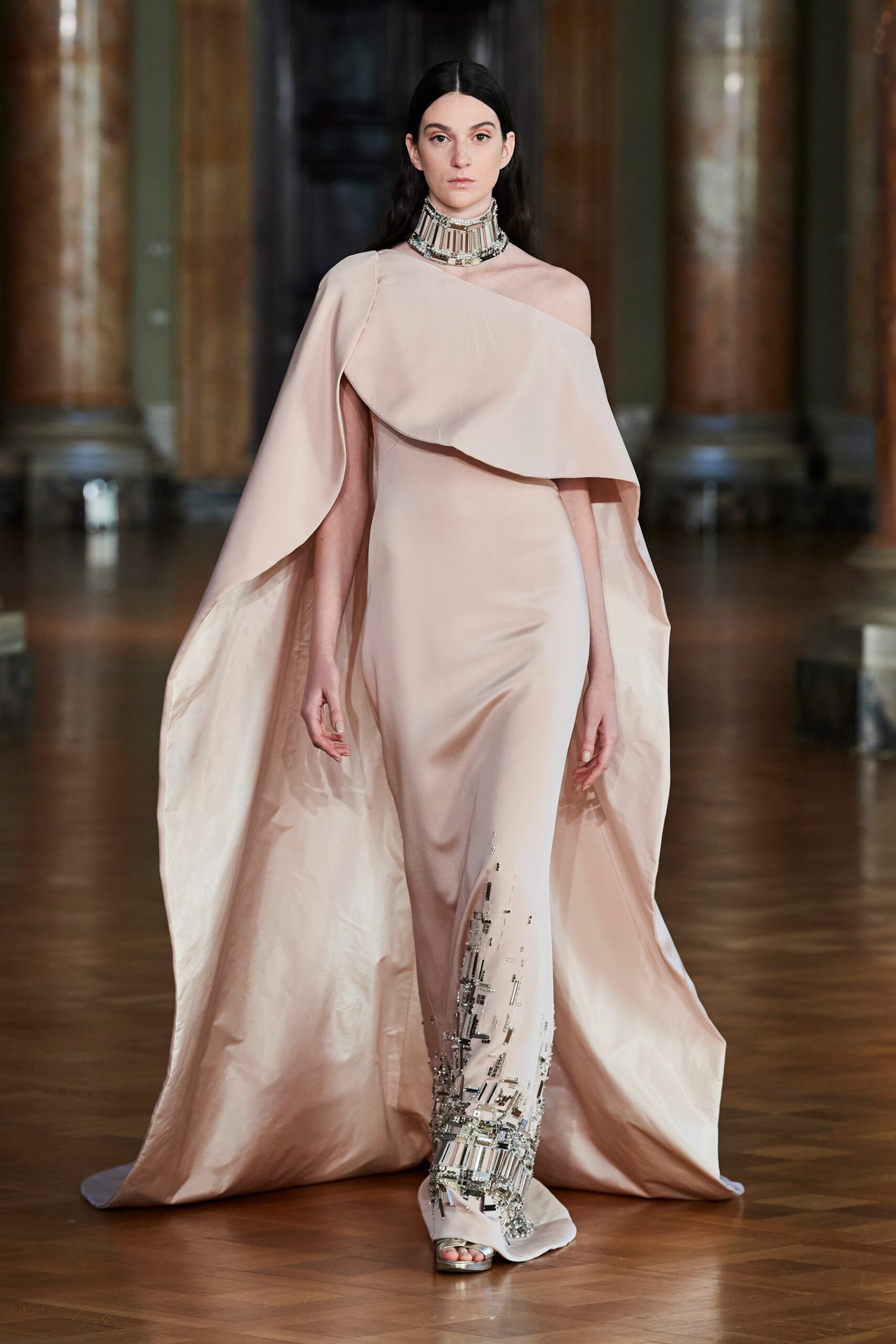 pink silk off-shoulder gown