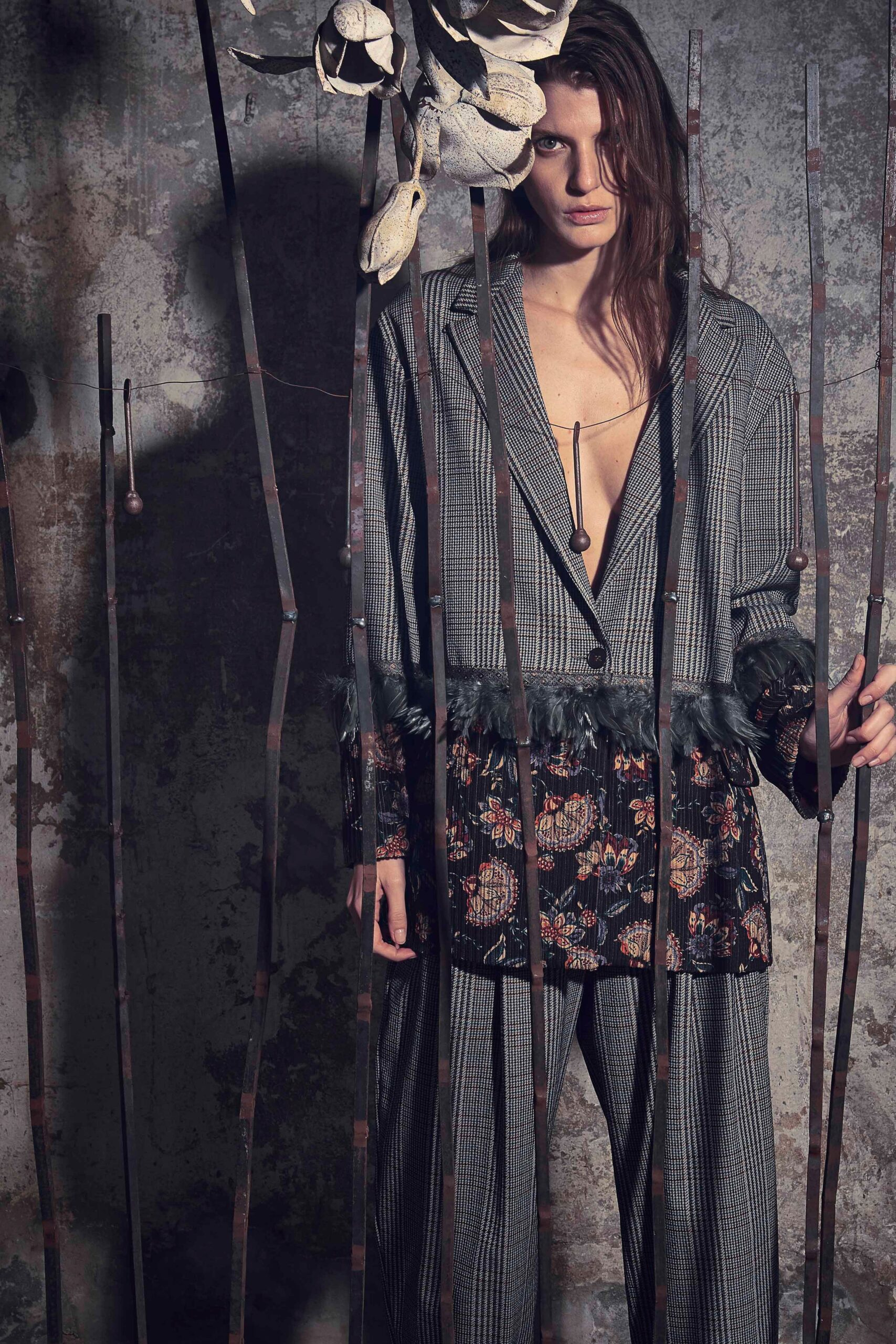 gray checked blazer with floral top