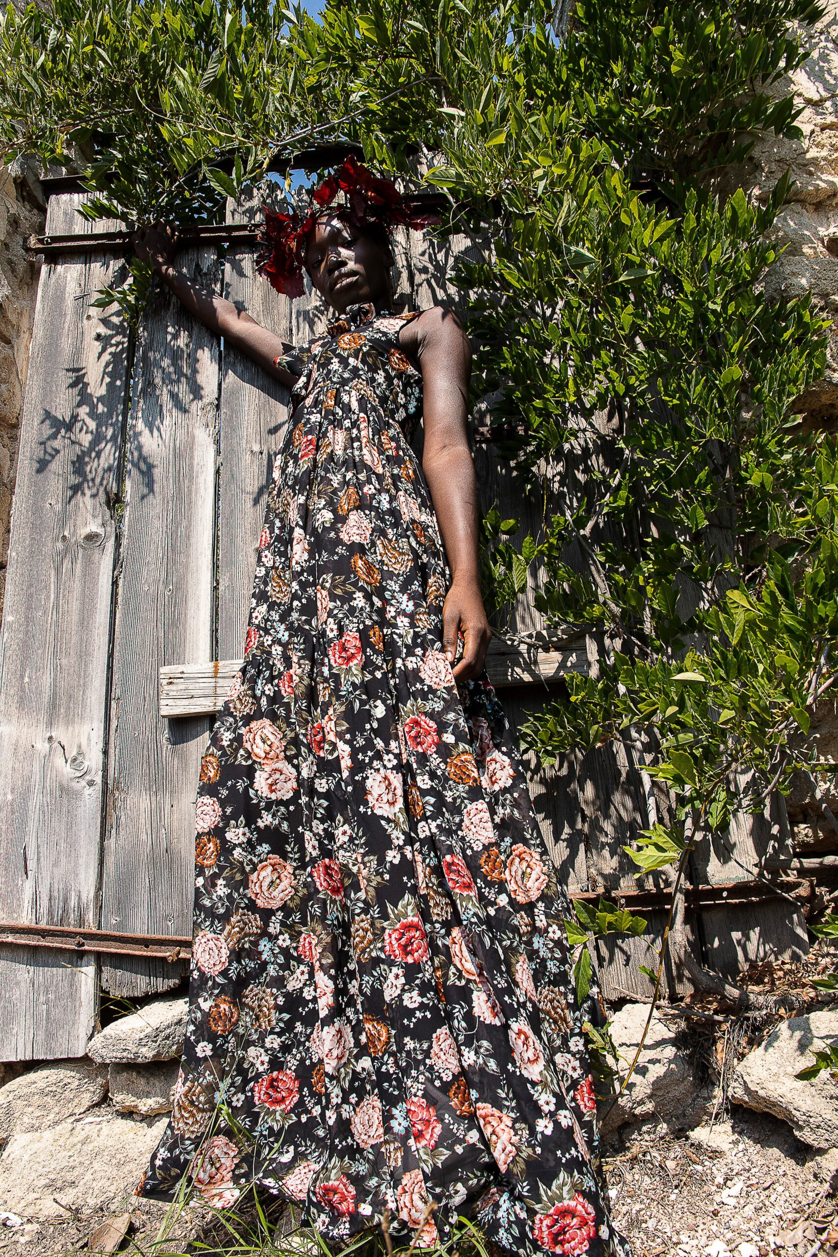 black floral tiered maxi dress