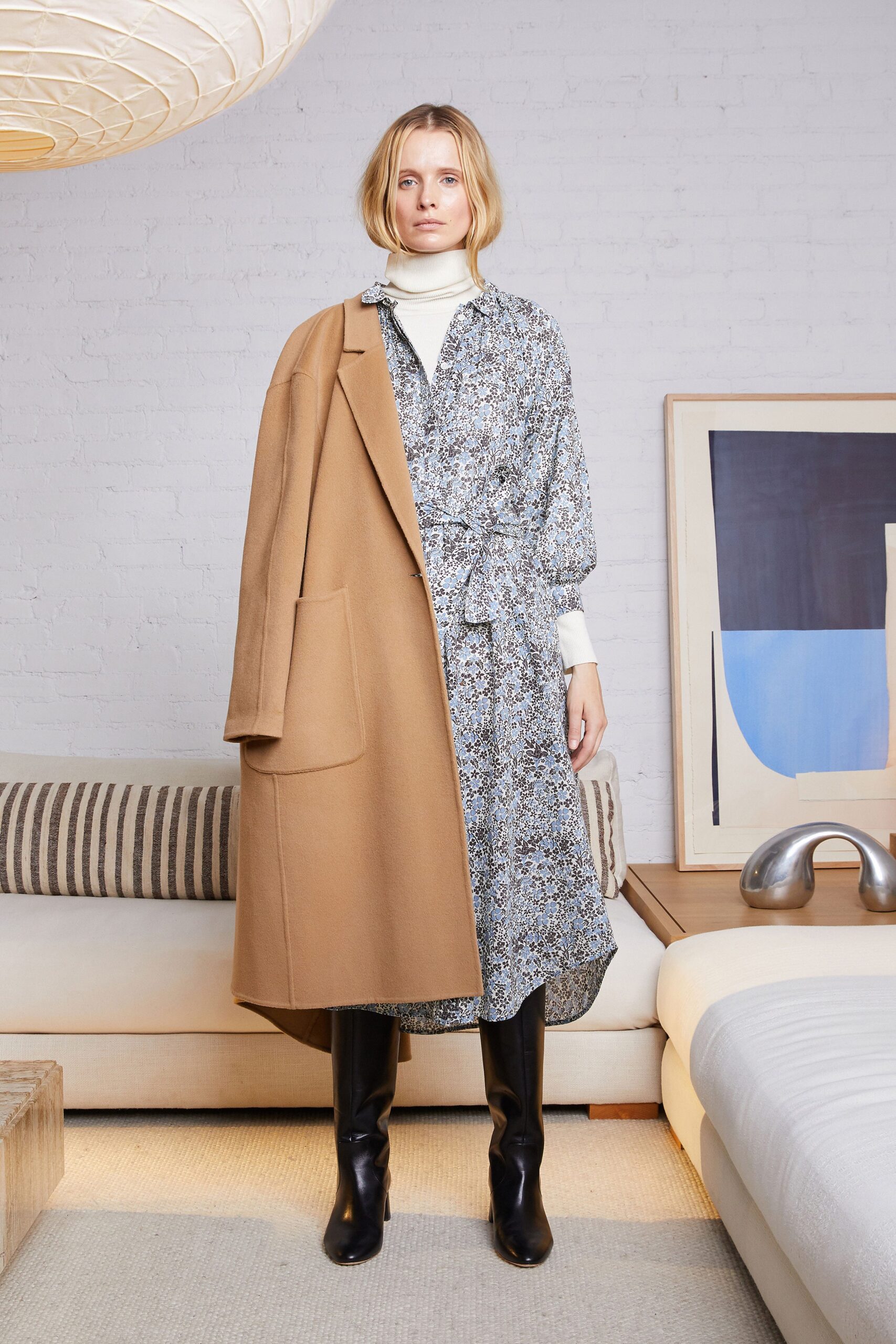 brown wool coat with blue dress