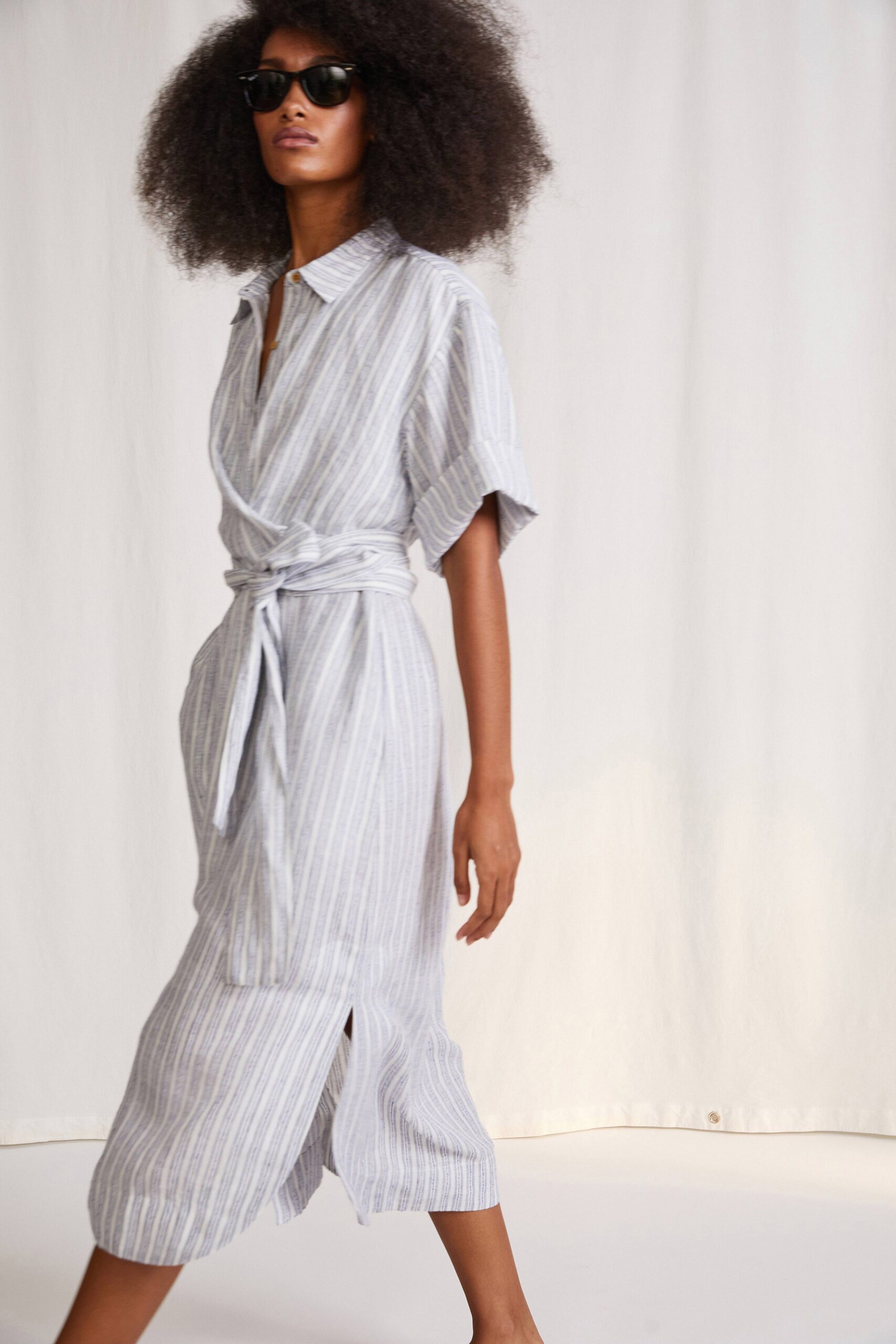 white and blue striped midi dress