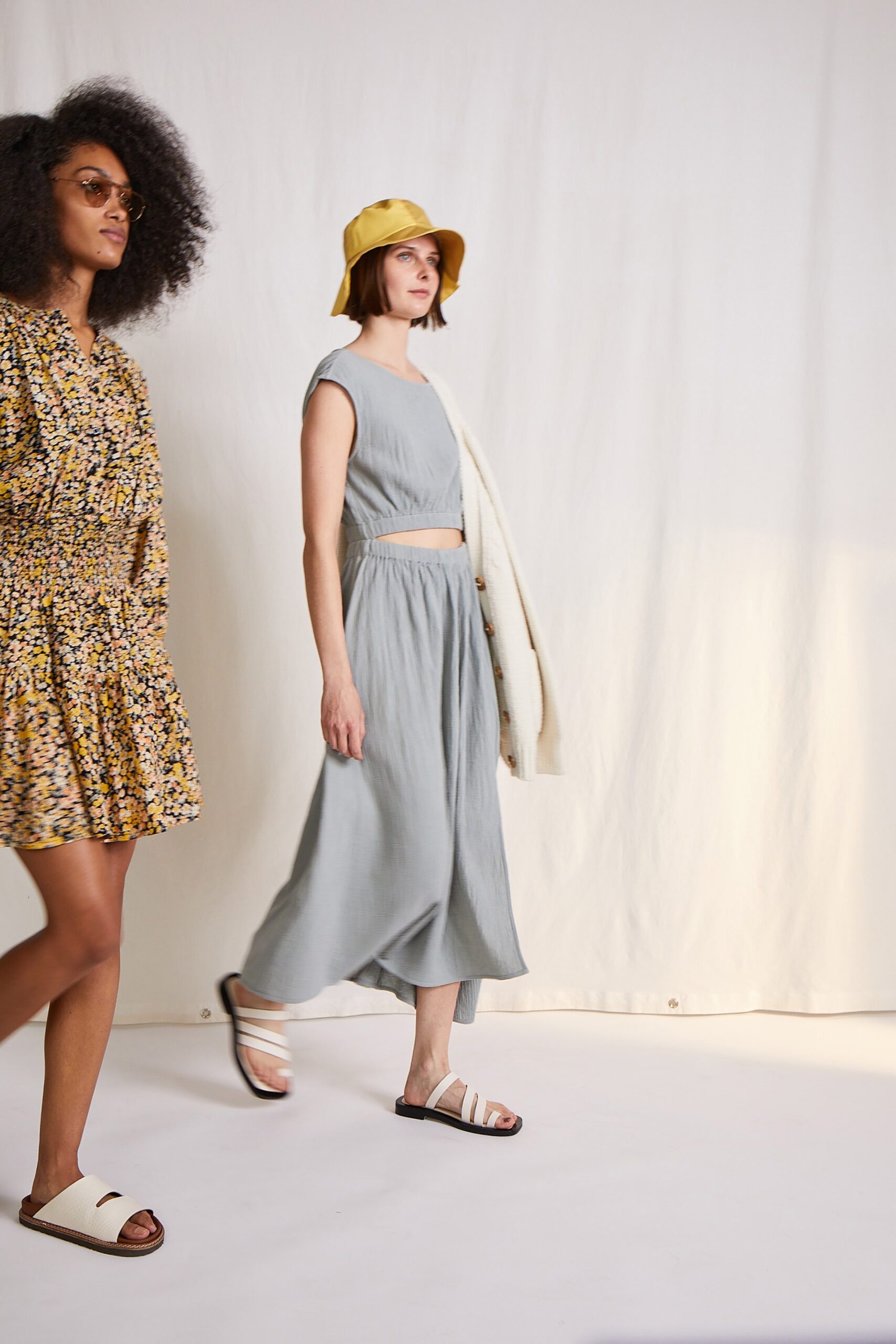 gray cotton sleeveless high-neck relaxed tiered flowing dress