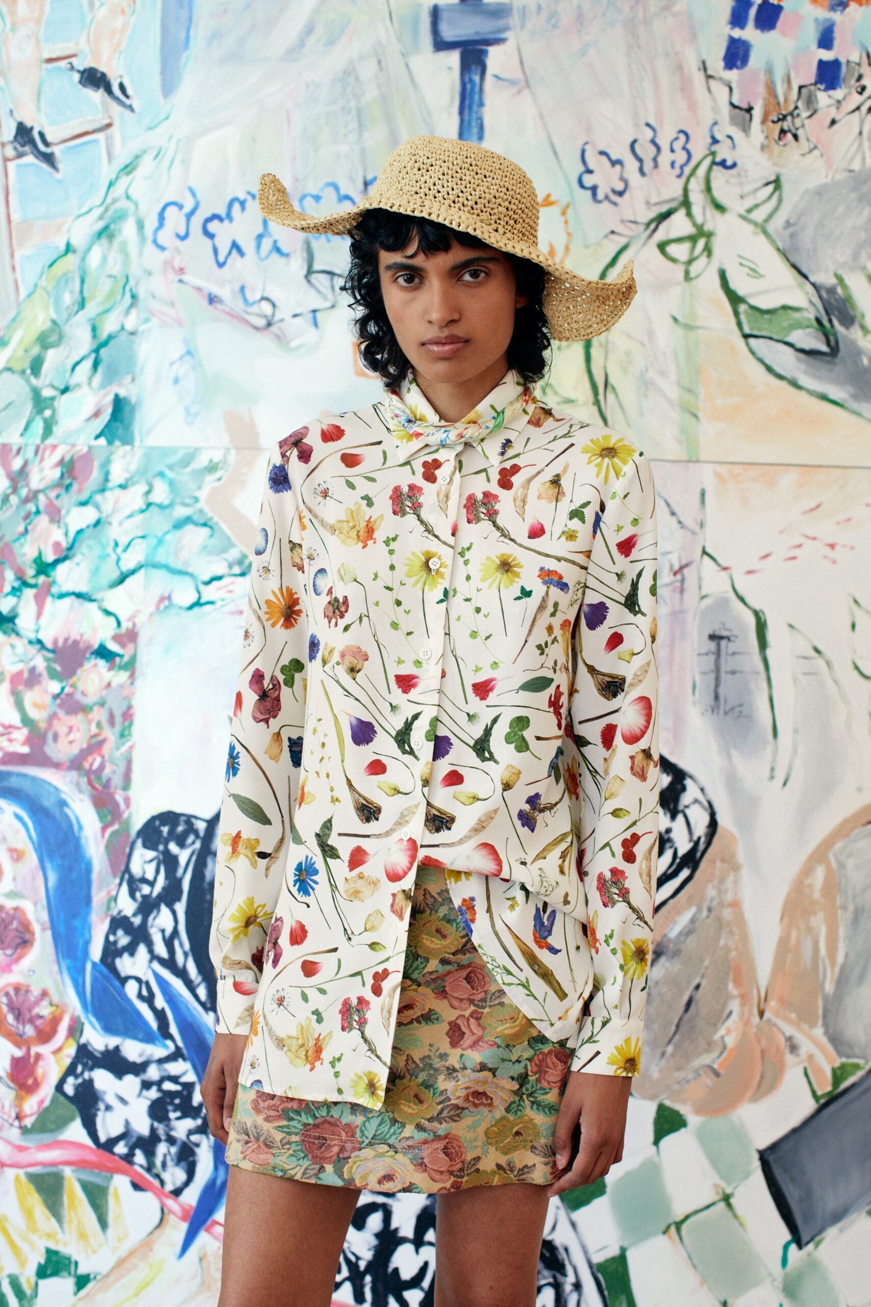 floral shirt and flared skirt