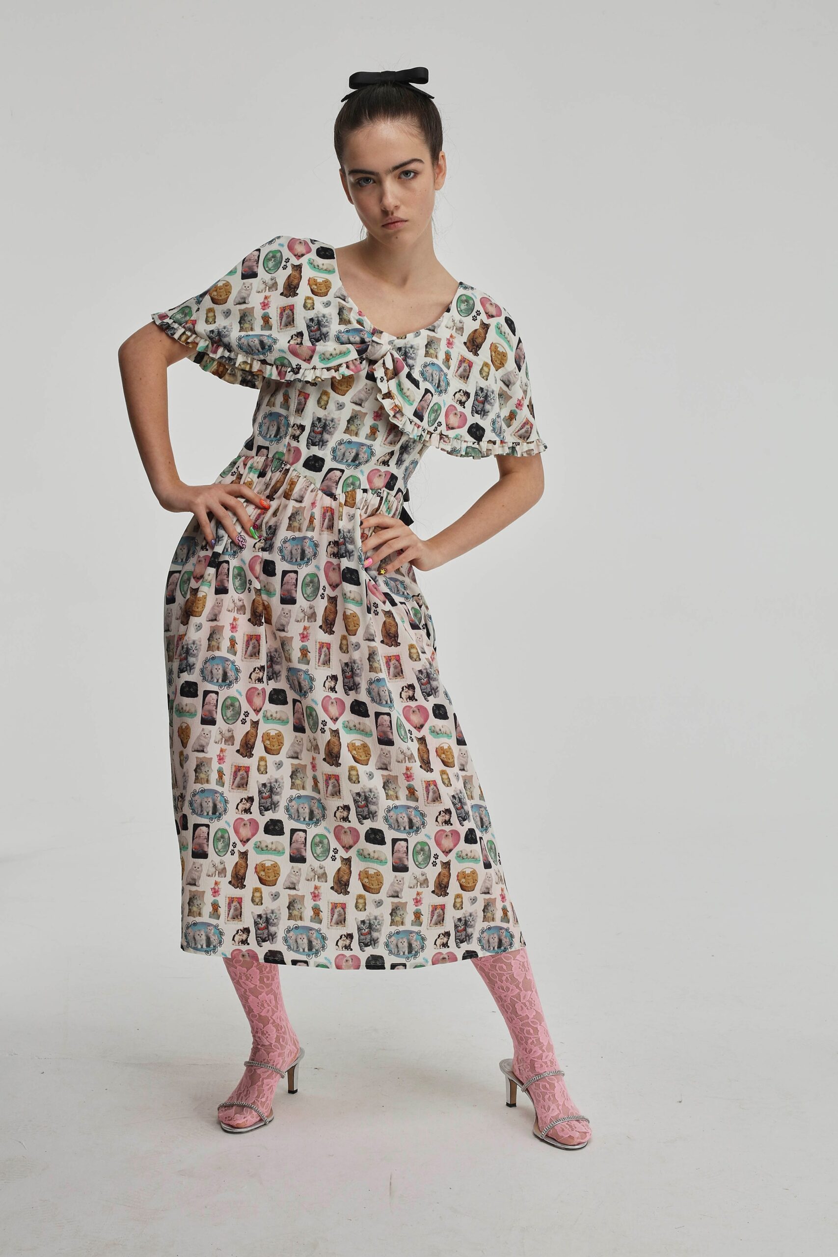relaxed multi-print midi dress with pink boots