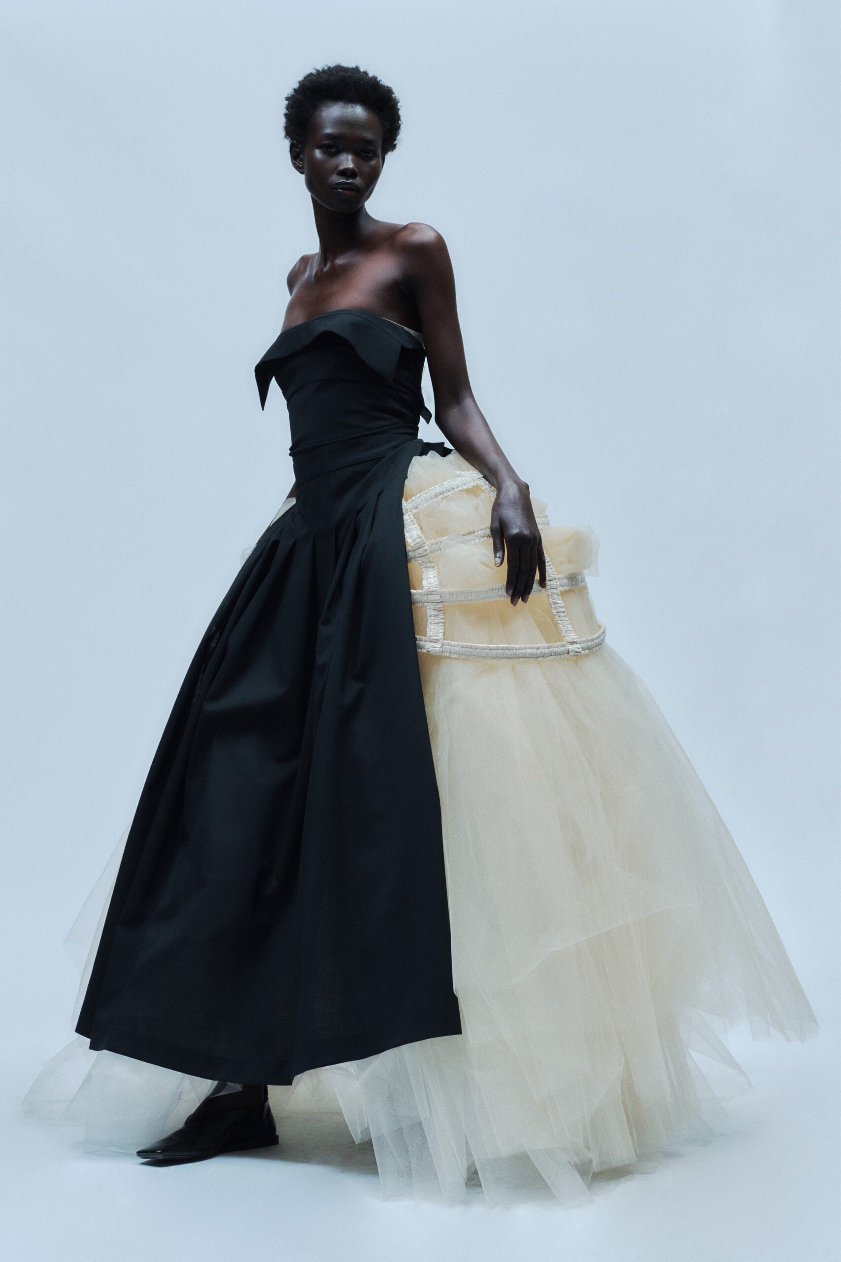 black and yellow strapless gown