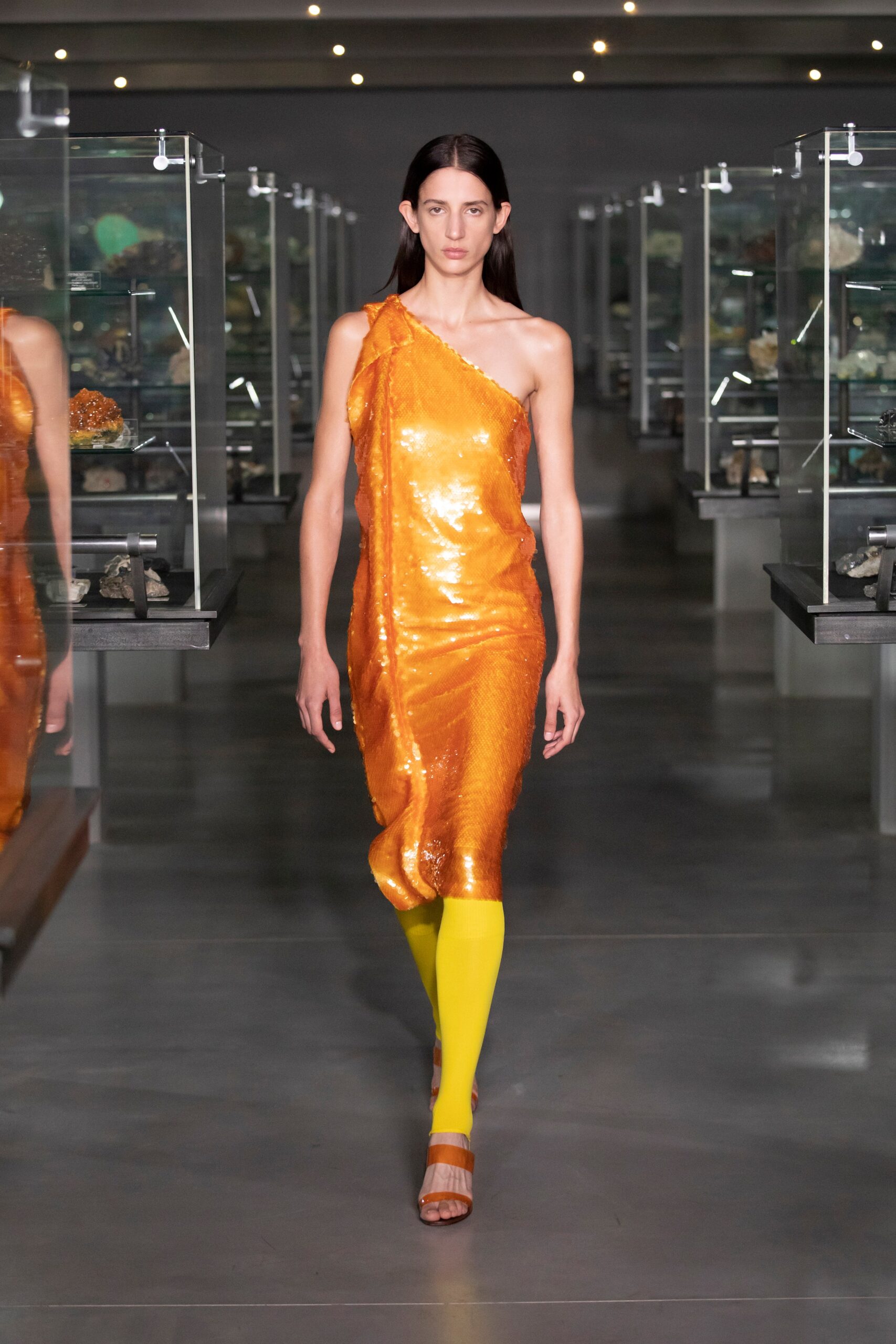 orange silk sleeveless asymmetric fitted draped shiny dress
