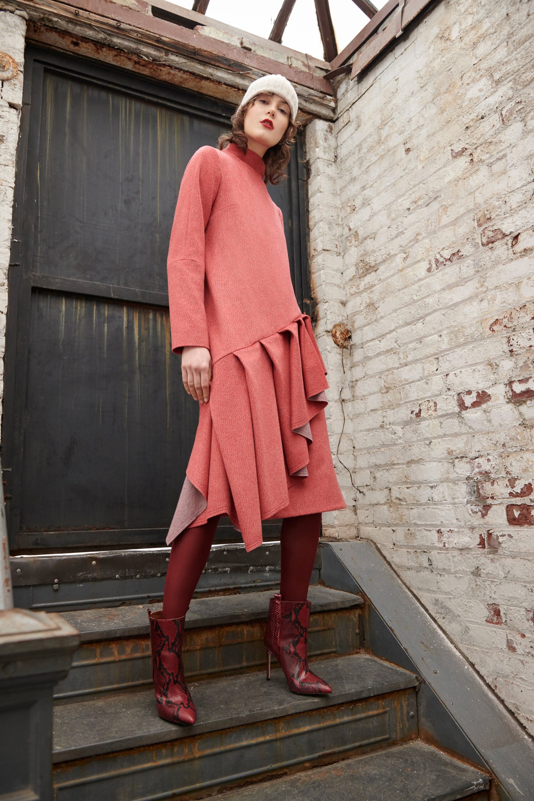 red pink asymmetric midi dress with boots
