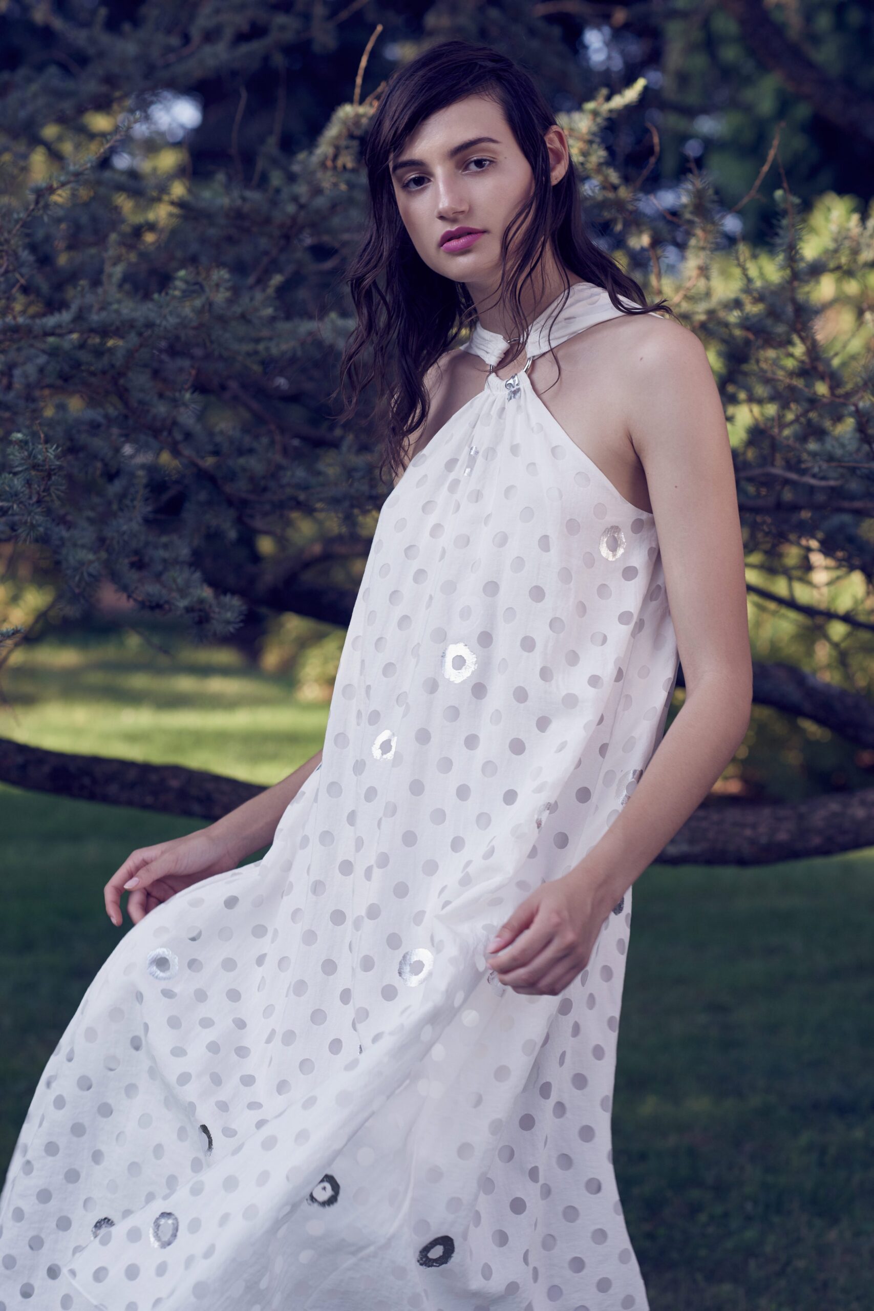 white polka-dot halter dress