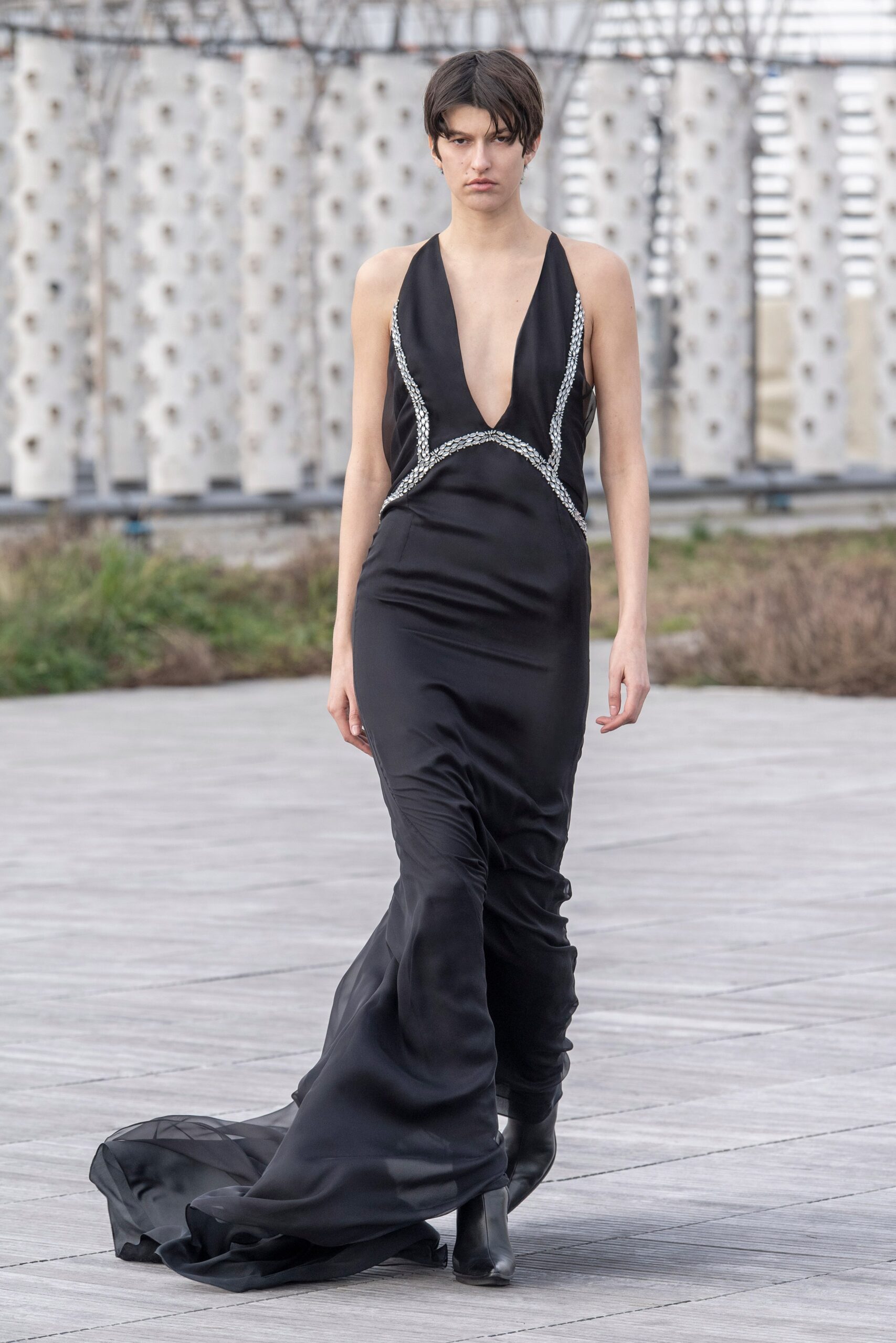 fitted black silk gown