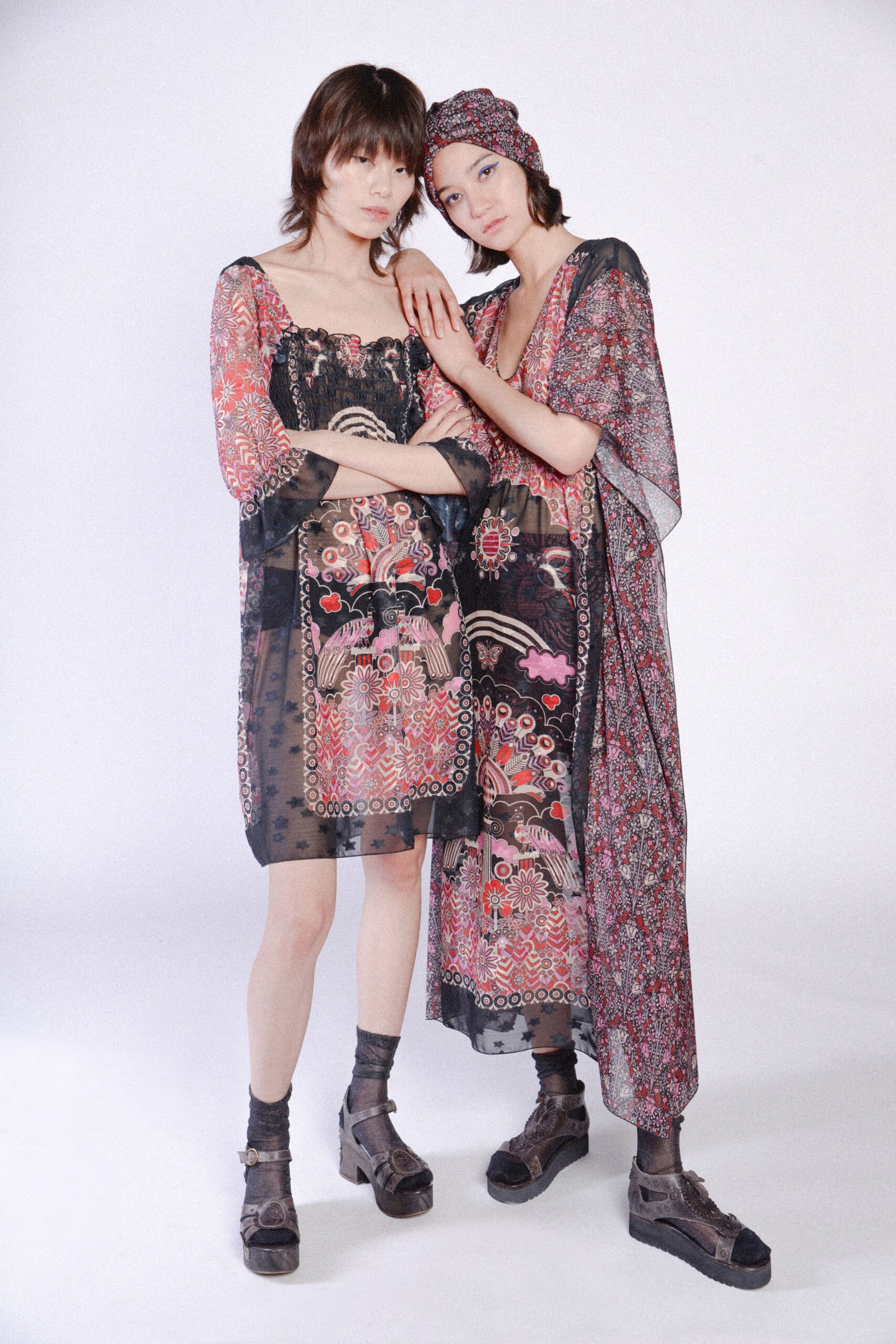 printed mini dress and flowing maxi dress