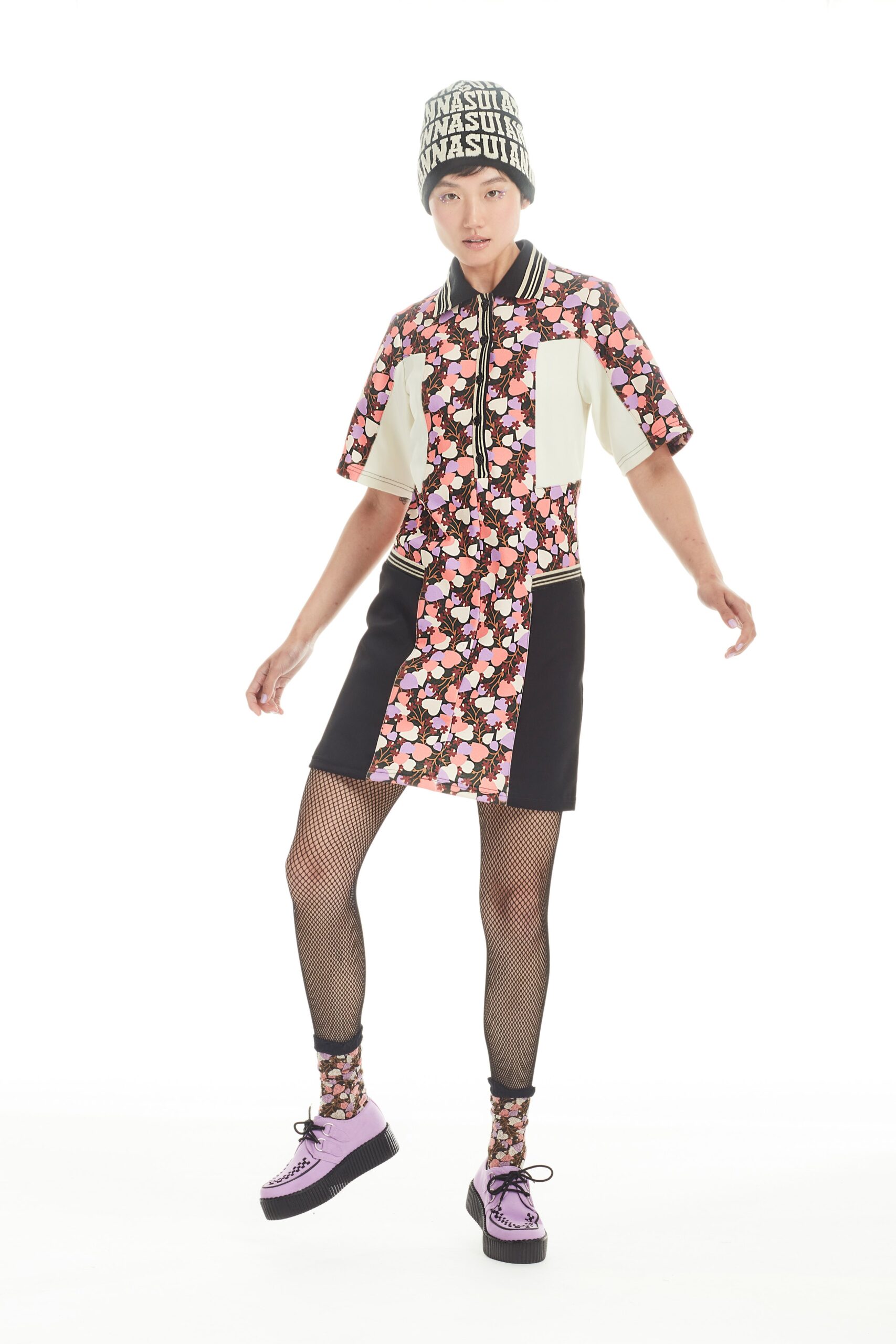 pink cotton short-sleeve collared fitted printed zippered dress