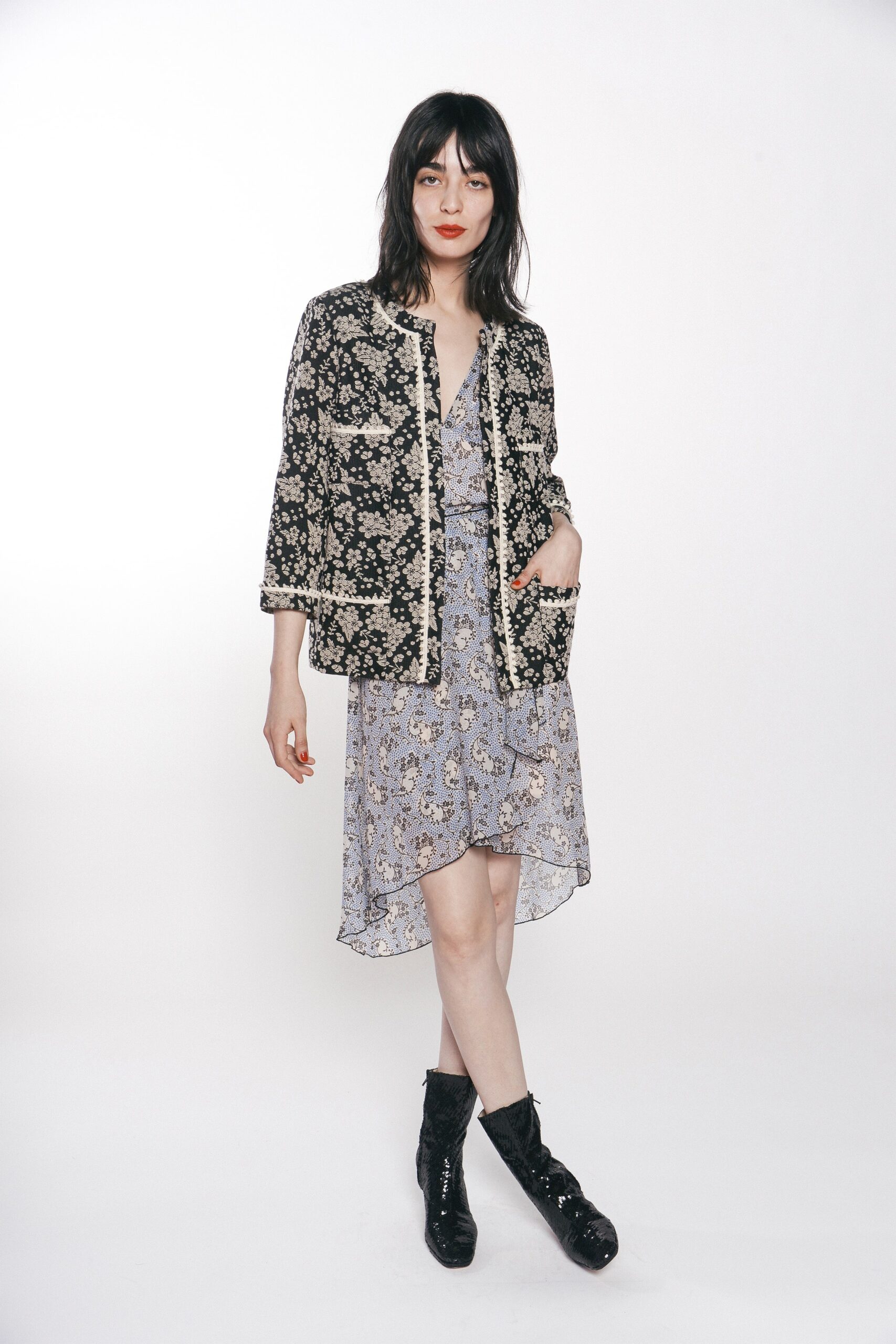 black cotton long-sleeve collared structured embroidered jacket