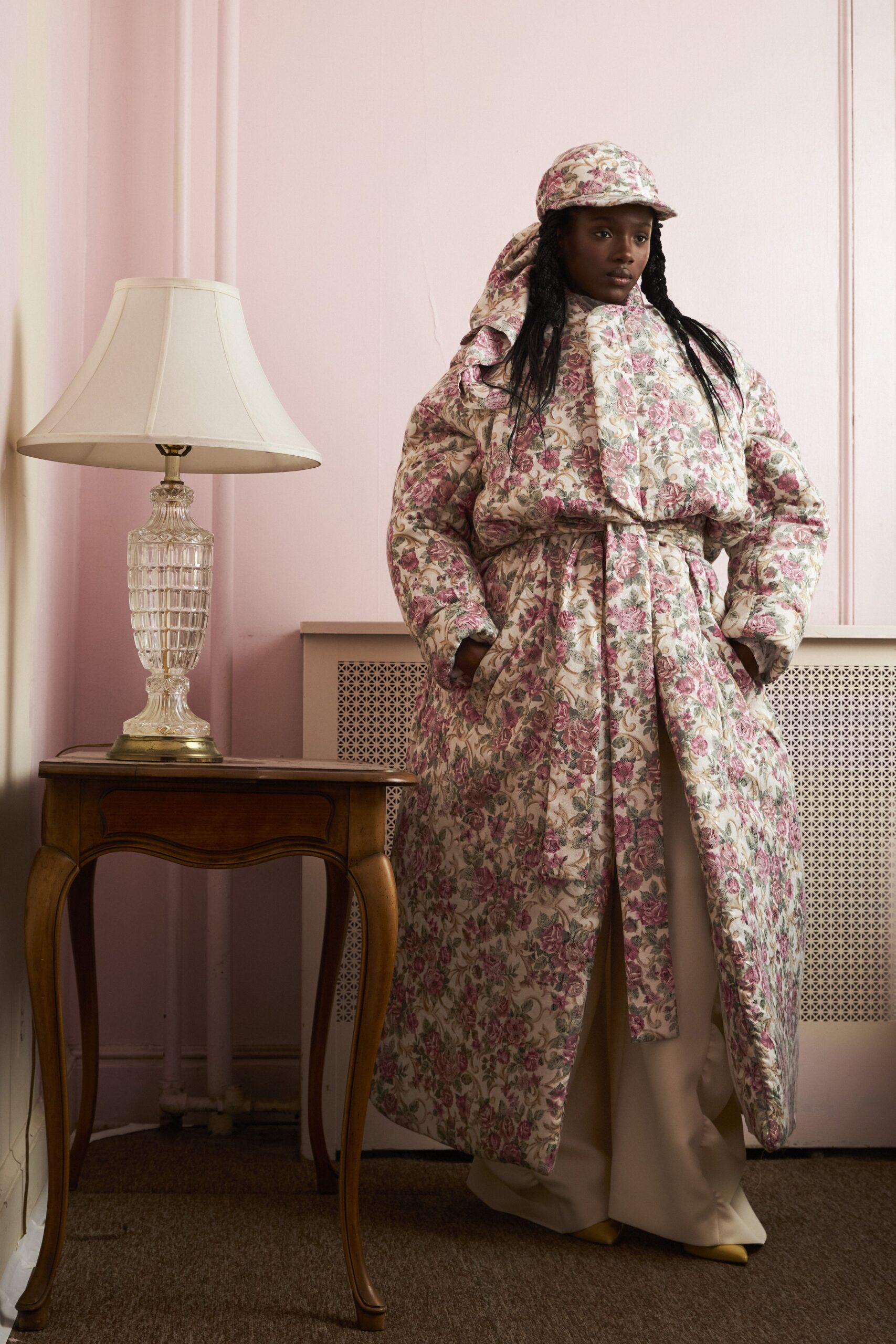 floral pink coat with beige pants