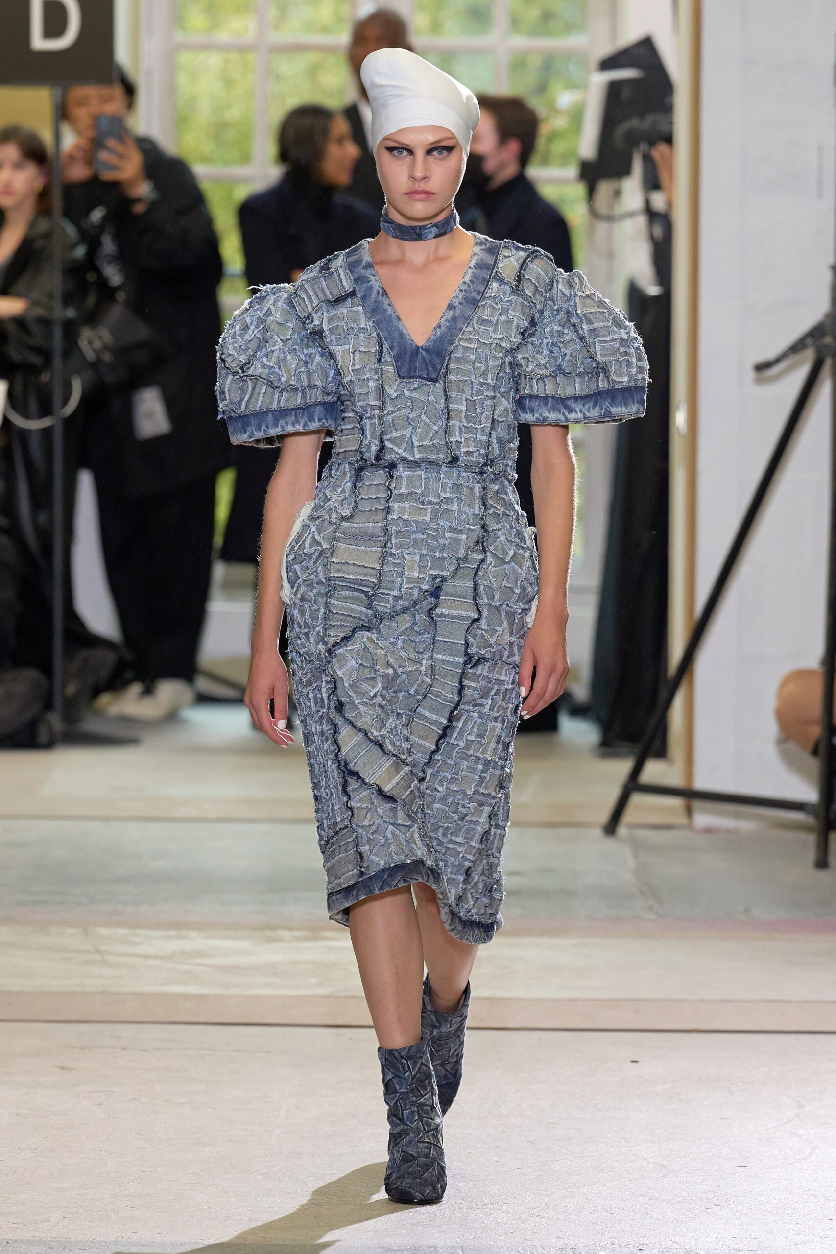 blue gray pleated midi dress