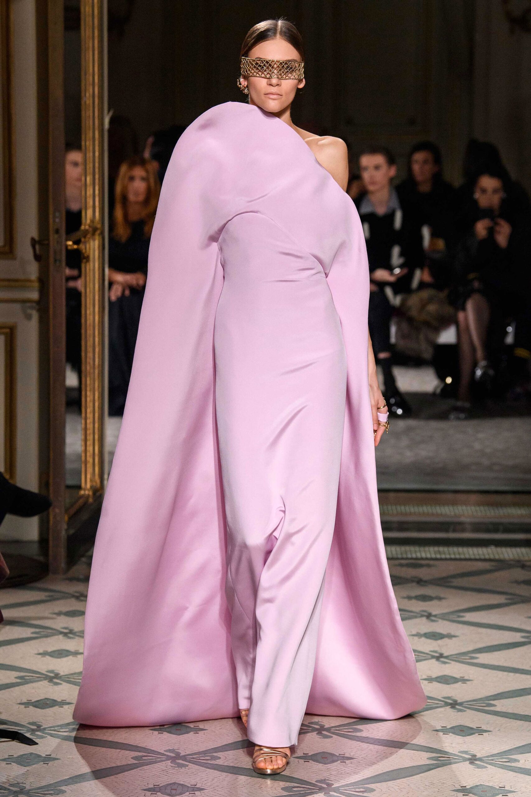 pink silk off-shoulder gown