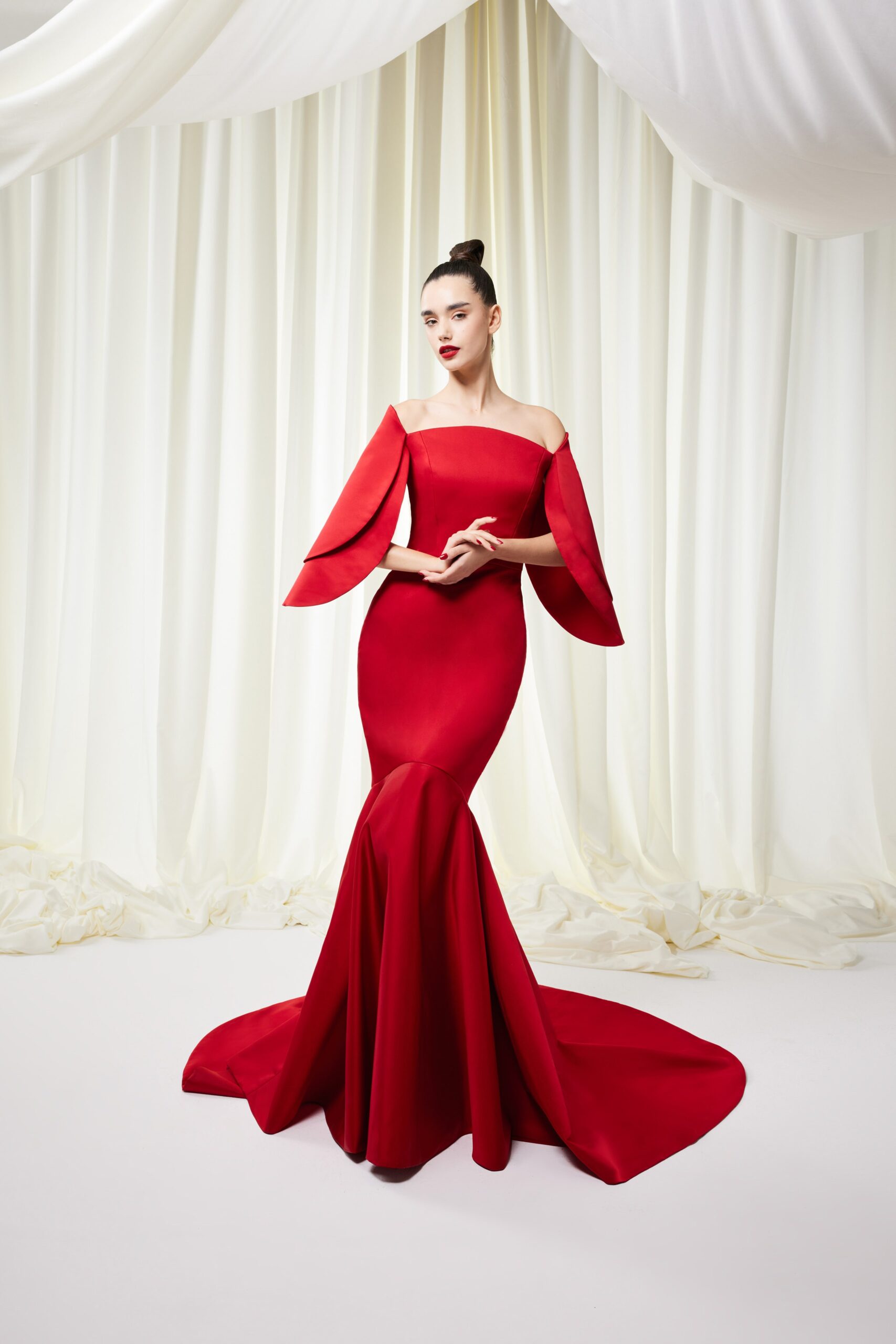 red silk off-shoulder gown