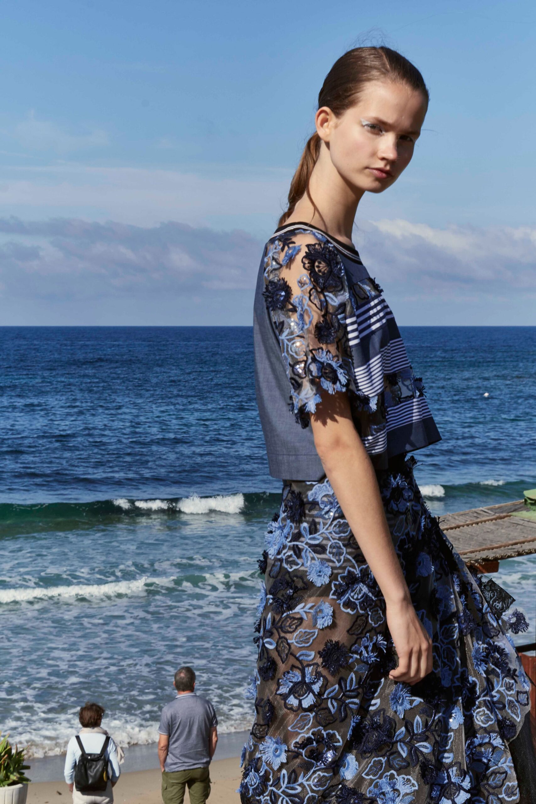 blue silk sleeveless v-neck fitted embroidered layered dress