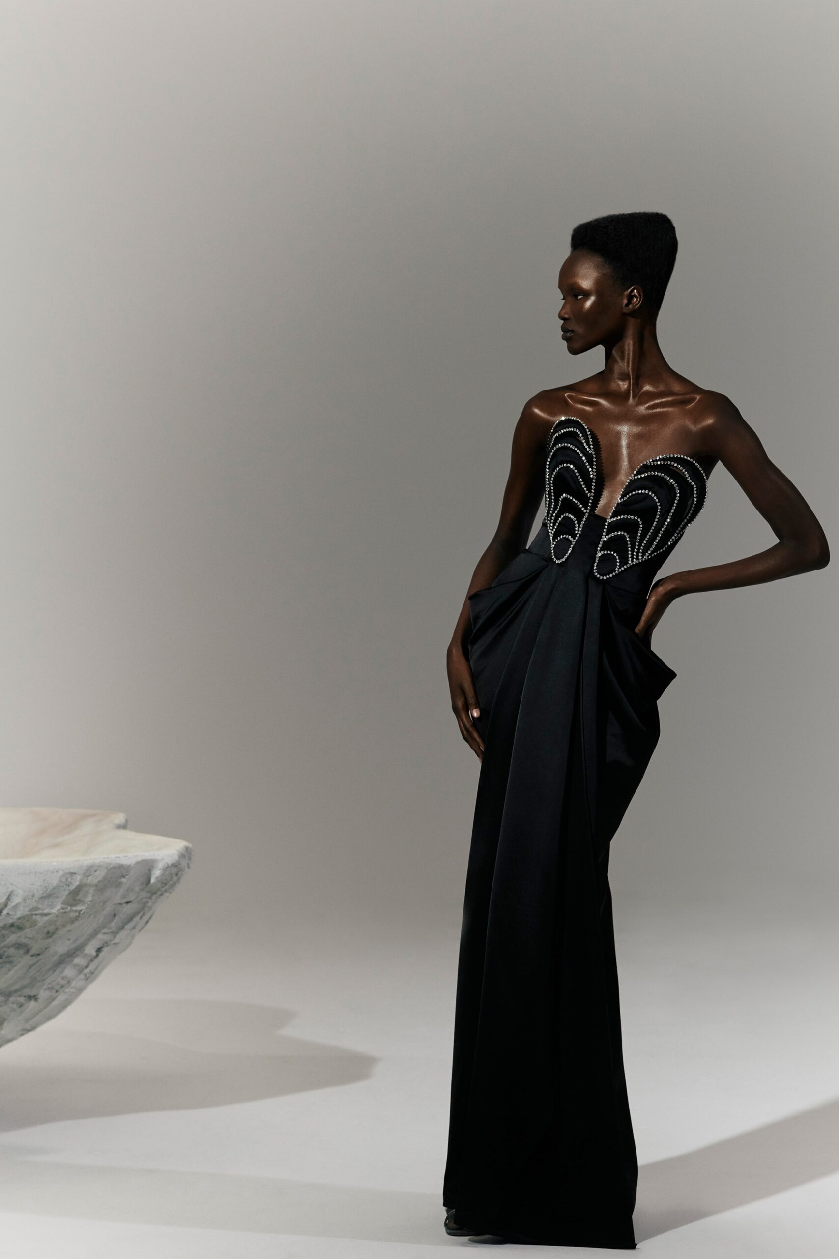 black silk fitted gown