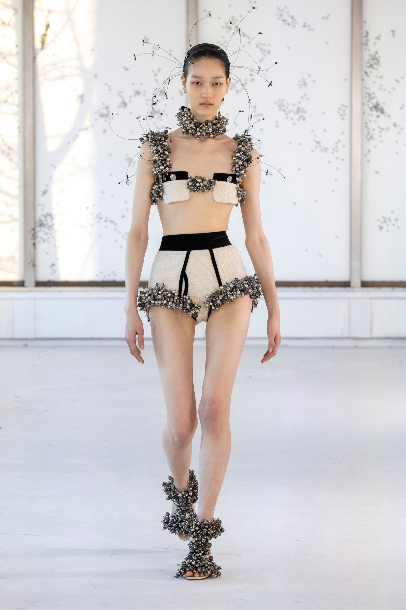 black and white beaded top and shorts
