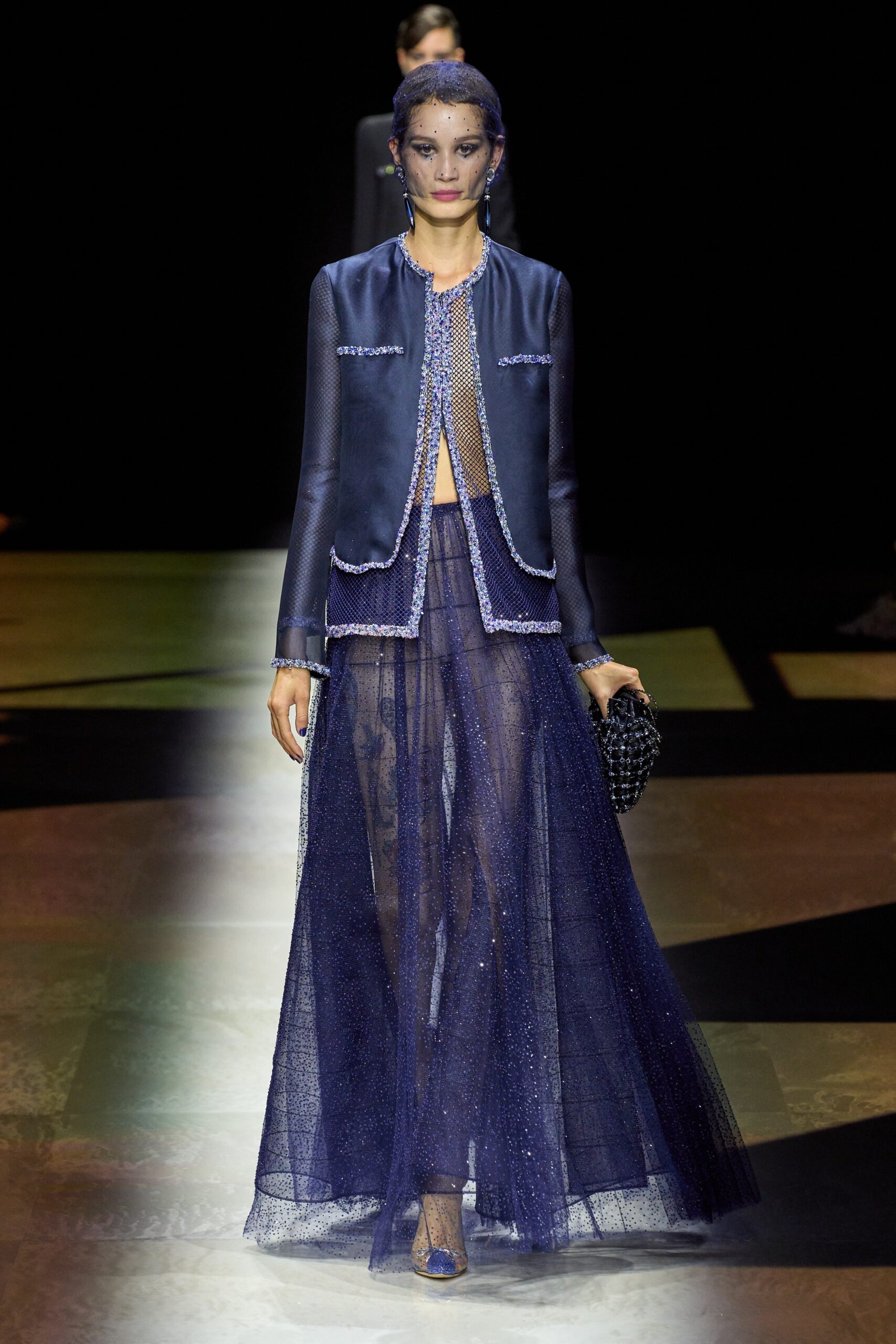 blue silk jacket and tulle skirt