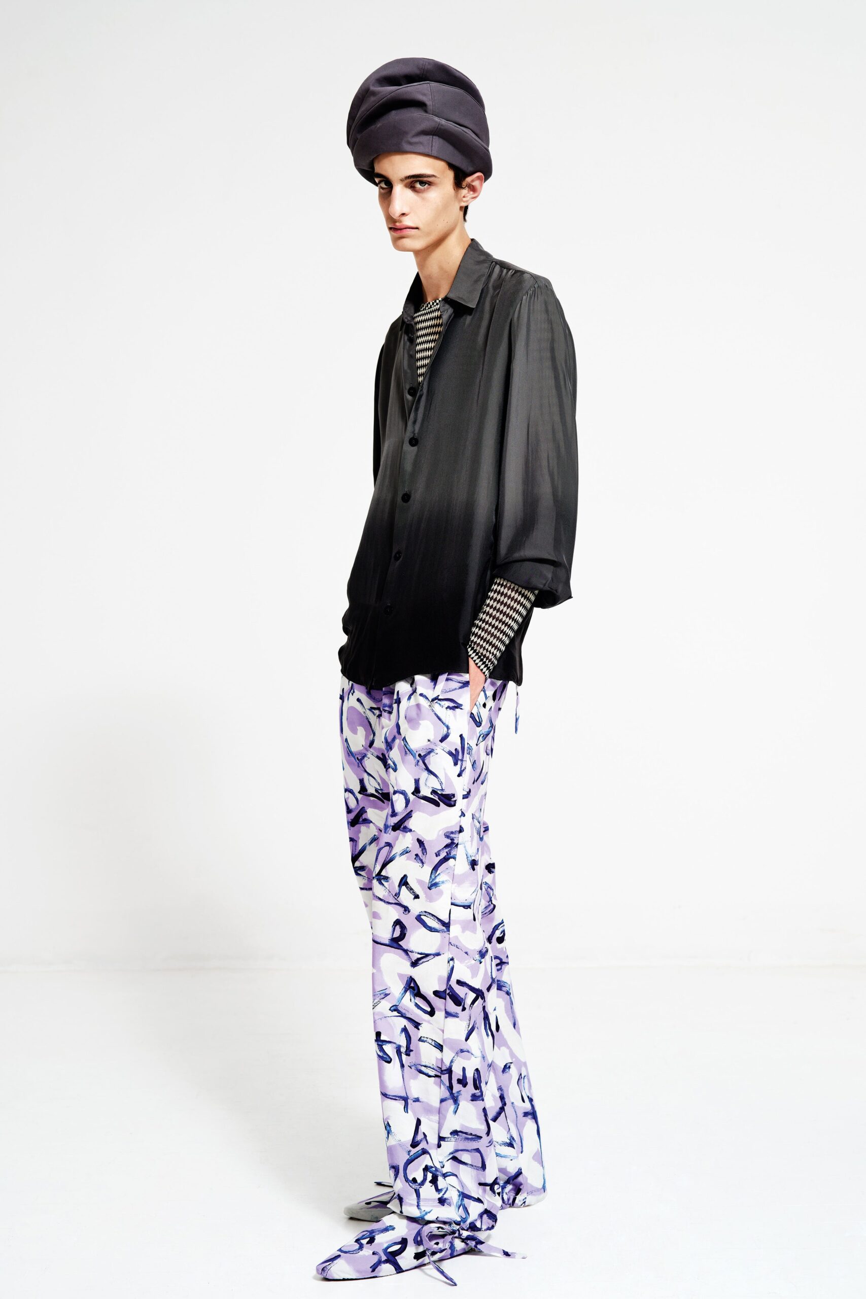 black silk shirt and printed pants
