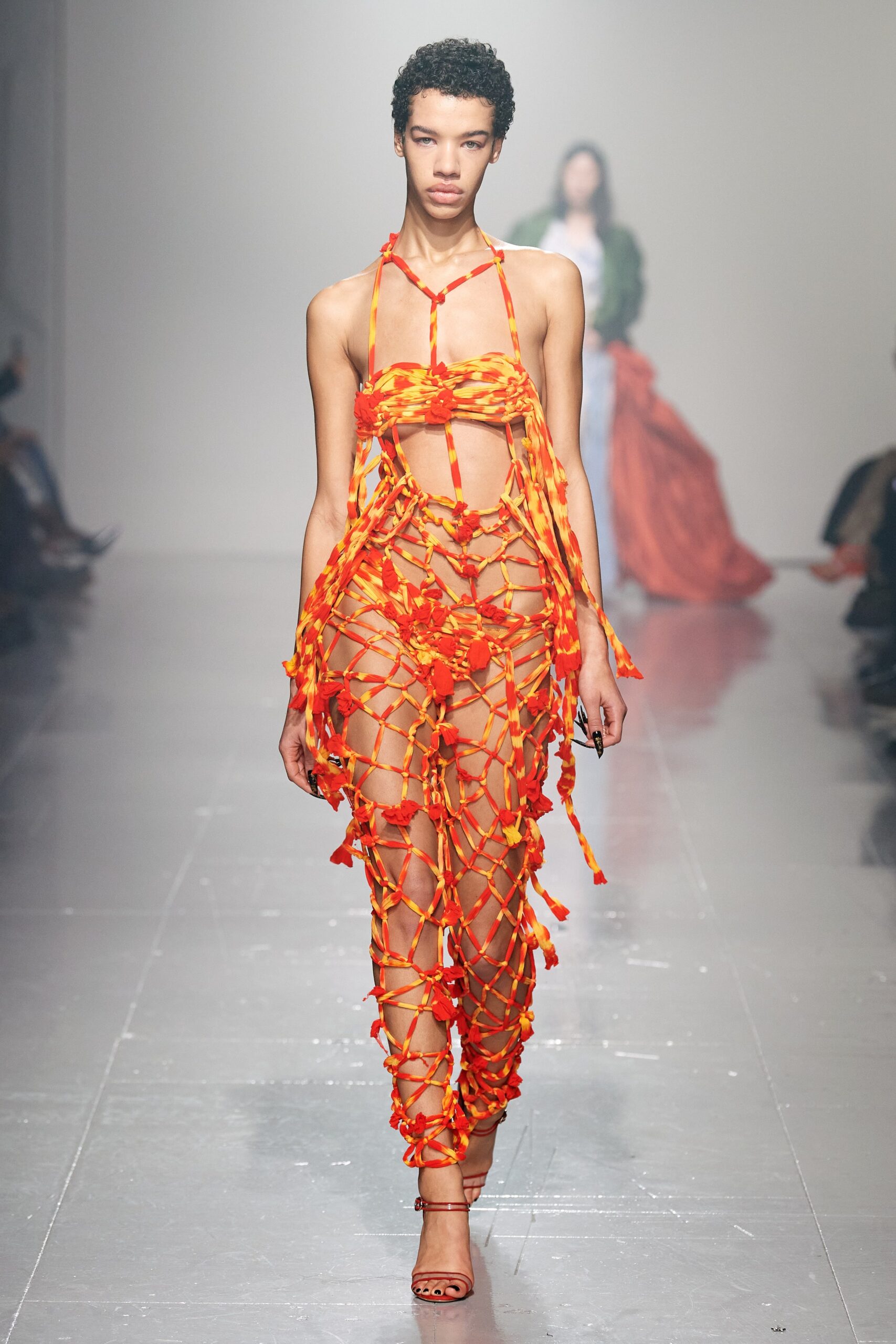 red orange mesh halter dress