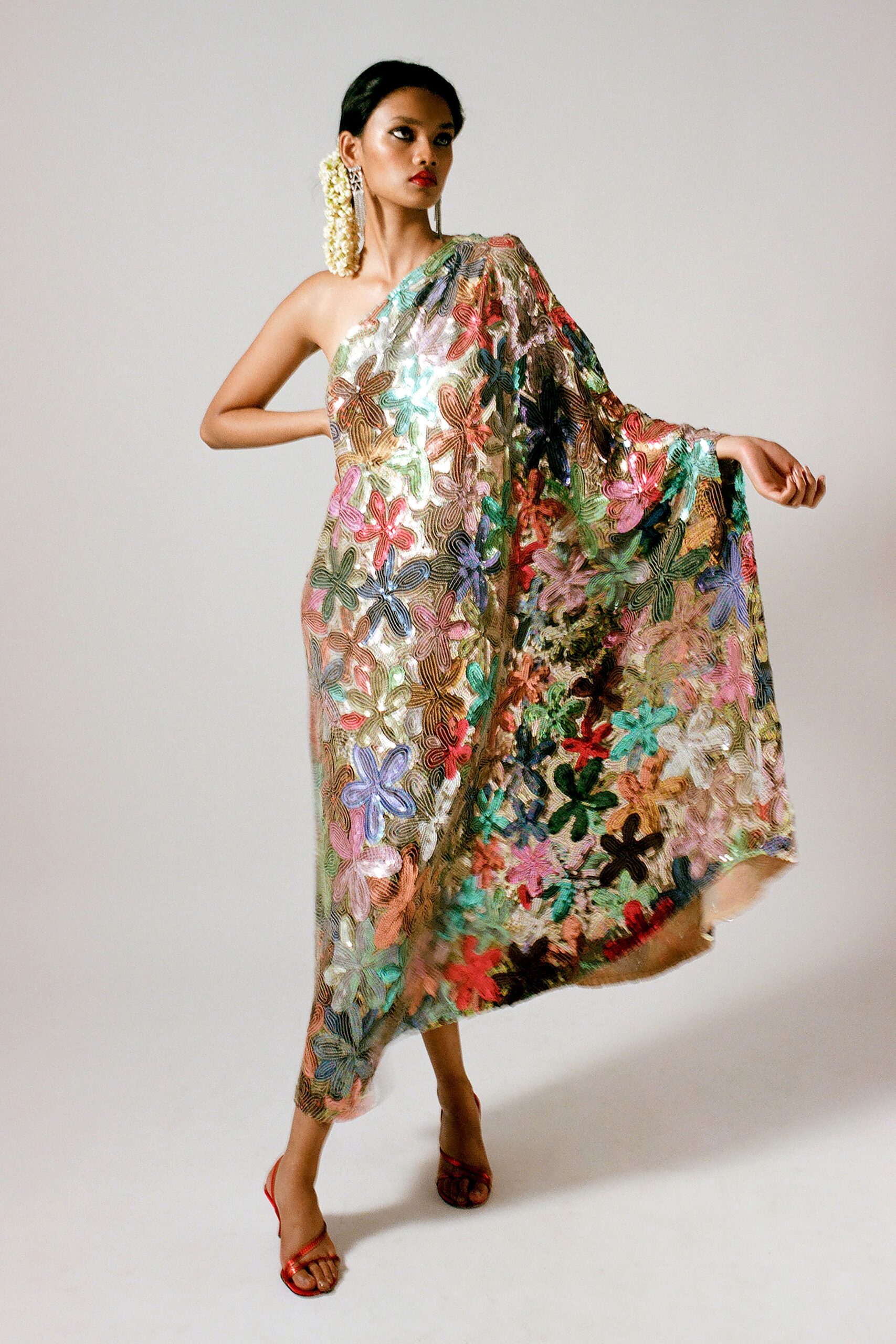 multi-colored embellished midi dress