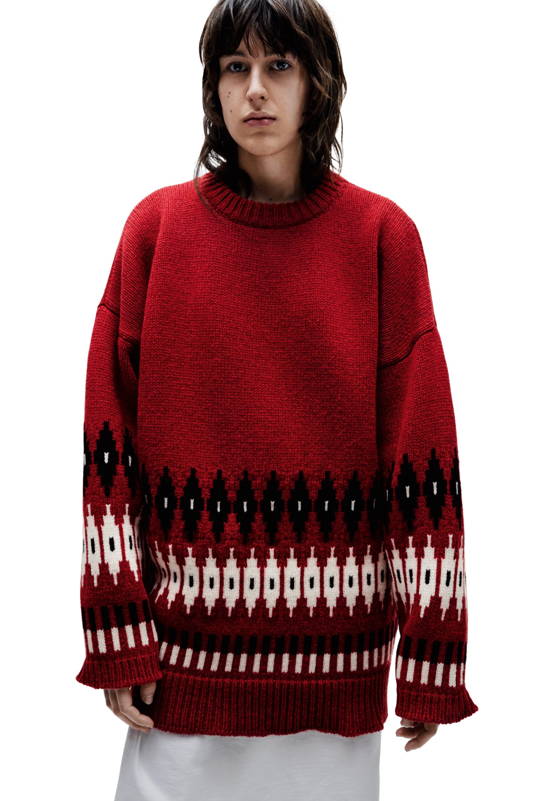 oversized red sweater with white skirt