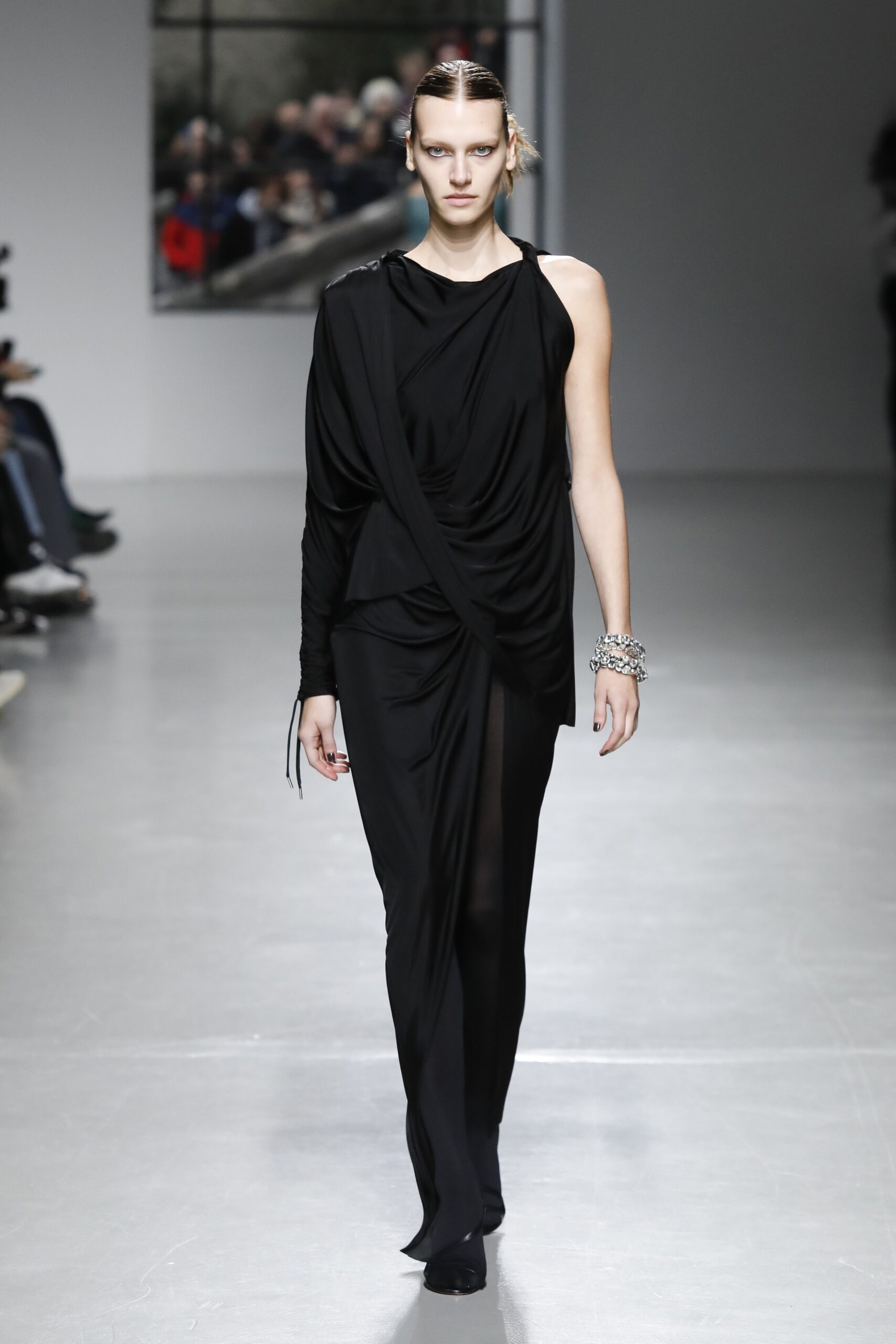 black silk sleeveless draped dress